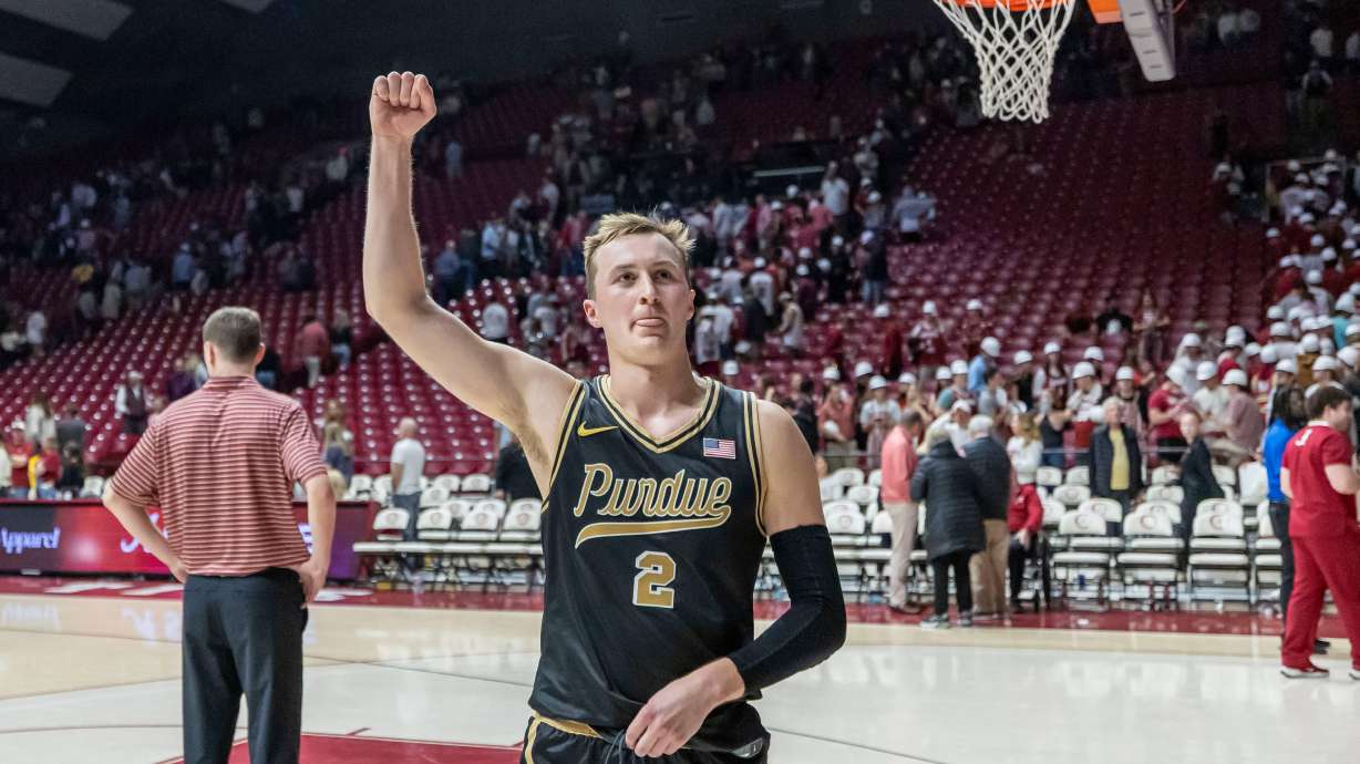 Purdue guard Fletcher Loyer (2) celebrates after a win over Alabama in an NCAA college basketball game, Thursday, Nov. 13, 2025, in Tuscaloosa, Ala.