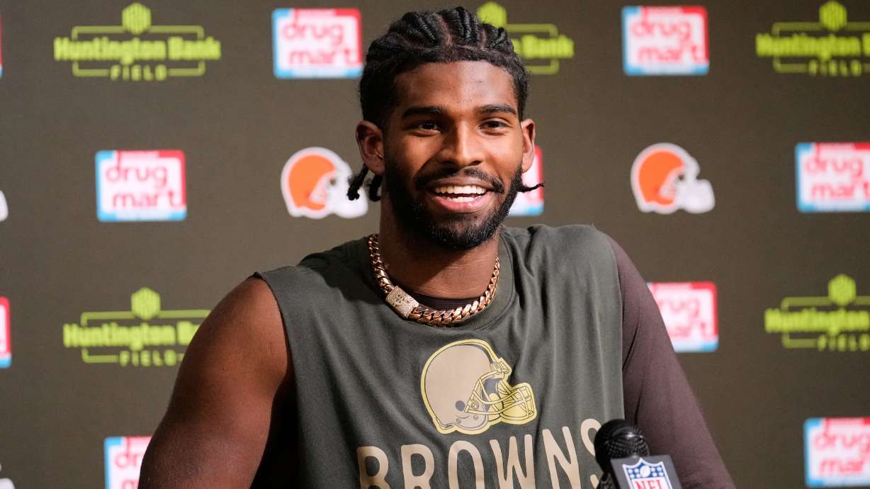 Cleveland Browns quarterback Shedeur Sanders responds to a question during a news conference after an NFL football game against the Baltimore Ravens in Cleveland, Sunday, Nov. 16, 2025.