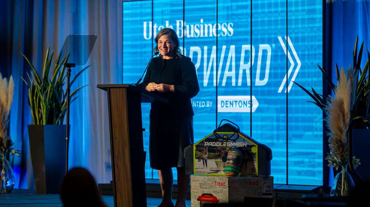 Catherine Raney Norman at the Utah Business Forward conference at the Hyatt Regency in Salt Lake City on Monday. She sees the money already raises for the 2034 Winter Games in Utah as an example of what sets the state apart.