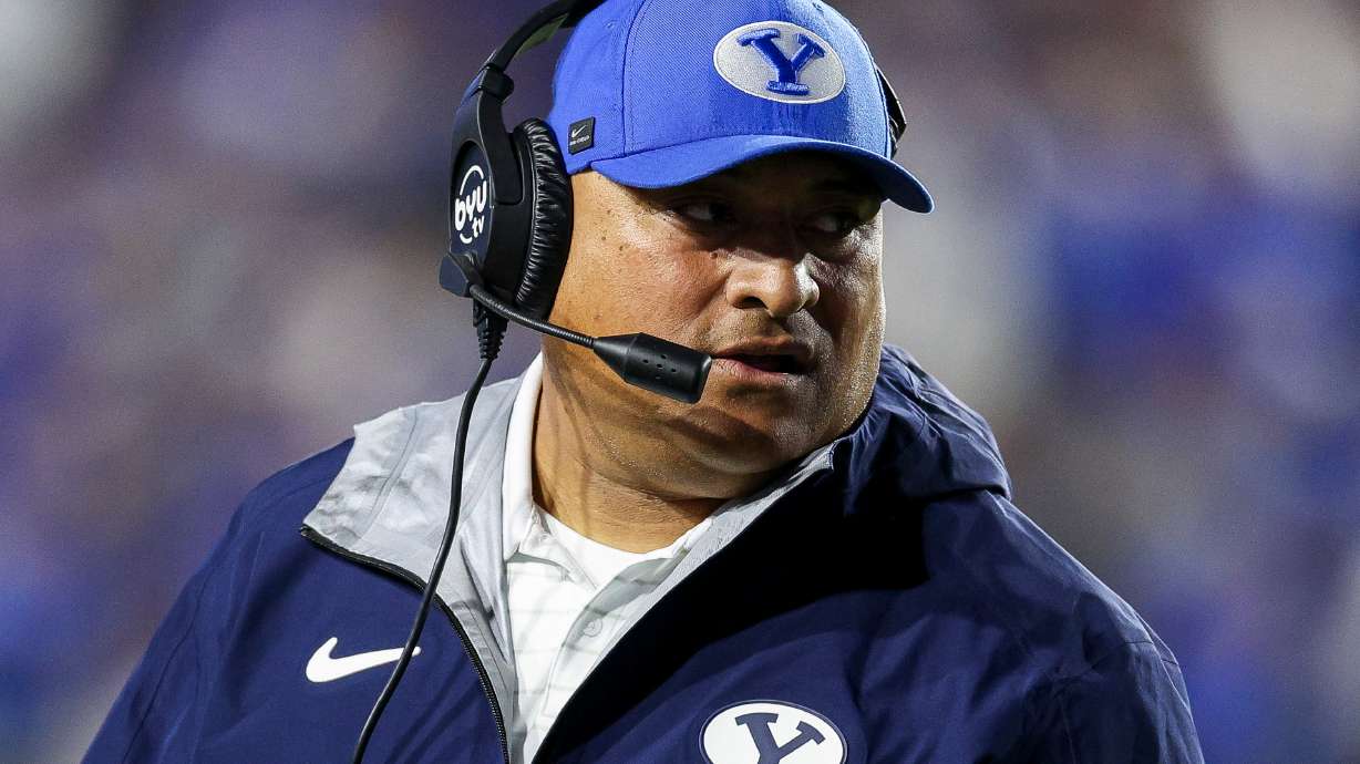 BYU head coach Kalani Sitake looks on during the second half of the game against the TCU Horned Frogs at LaVell Edwards Stadium in Provo on Saturday, Nov. 15, 2025.
