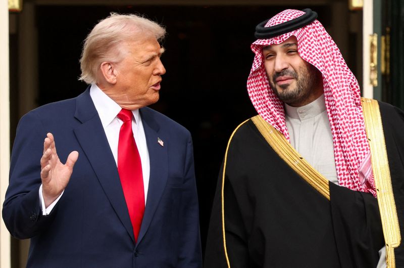President Donald Trump welcomes Saudi Crown Prince and Prime Minister Mohammed bin Salman during an arrival ceremony on the South Lawn of the White House in Washington, D.C., Tuesday.