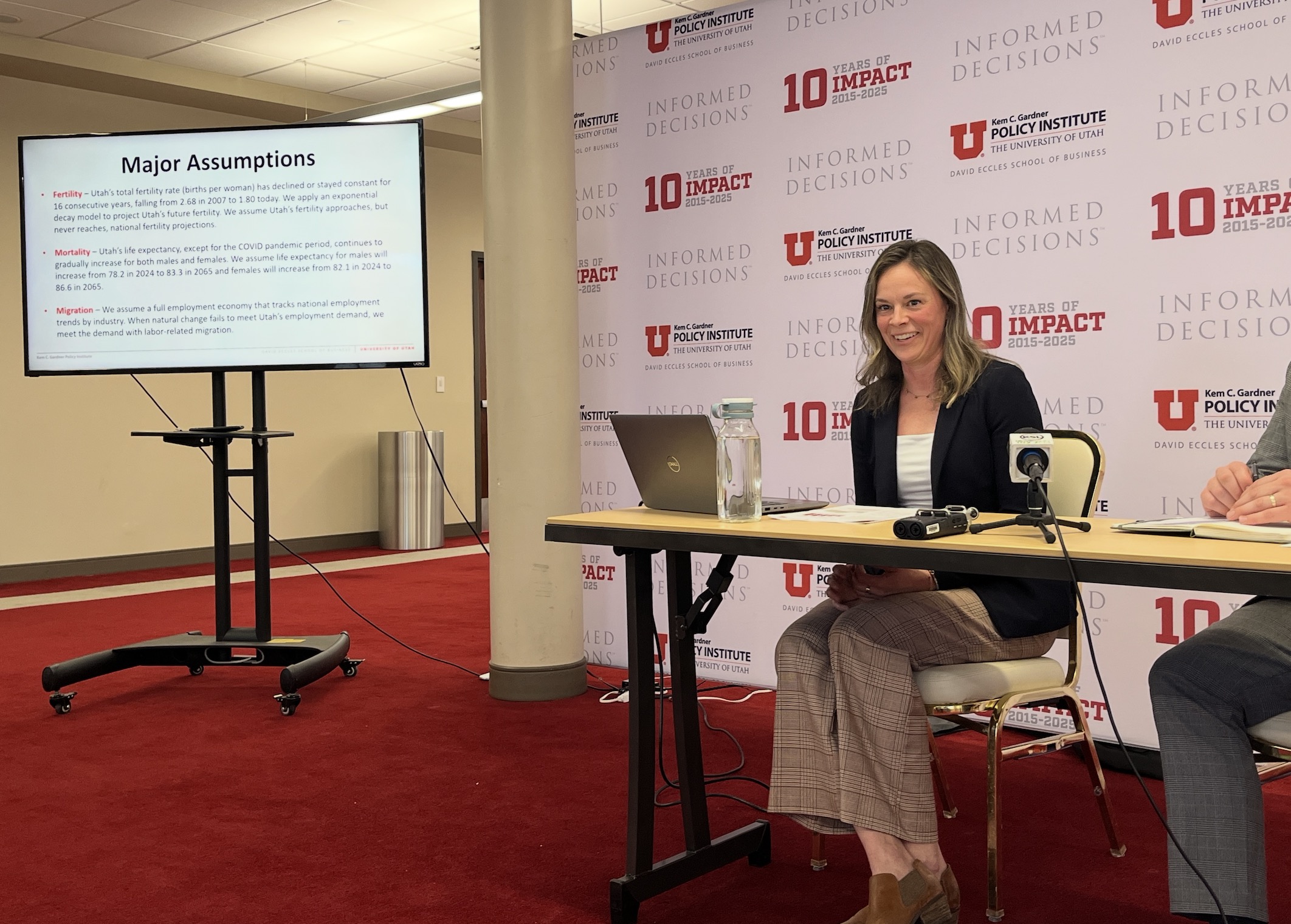 Mallory Bateman, director of demographic research at the University of Utah Gardner Policy Institute, presents findings of the institute's population projections report at the institute's headquarters in Salt Lake City on Tuesday. The report finds that Utah could add 2 million more residents over the next 40 years.