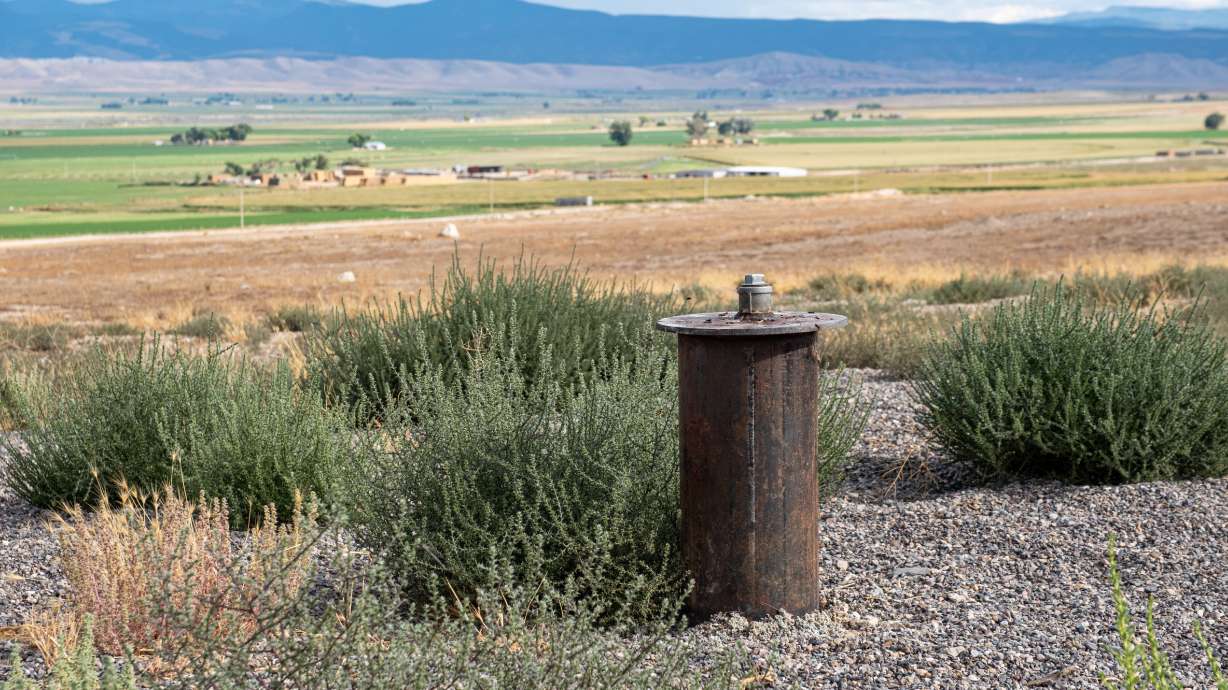 The test site for the Gunnison City Tarr Canyon Water Development Project, with a metal “cap” on the test well, Sept. 8. Utah Rep. Burgess Owens earmarked $5 million to the project as part of the resolution that ended the government shutdown.