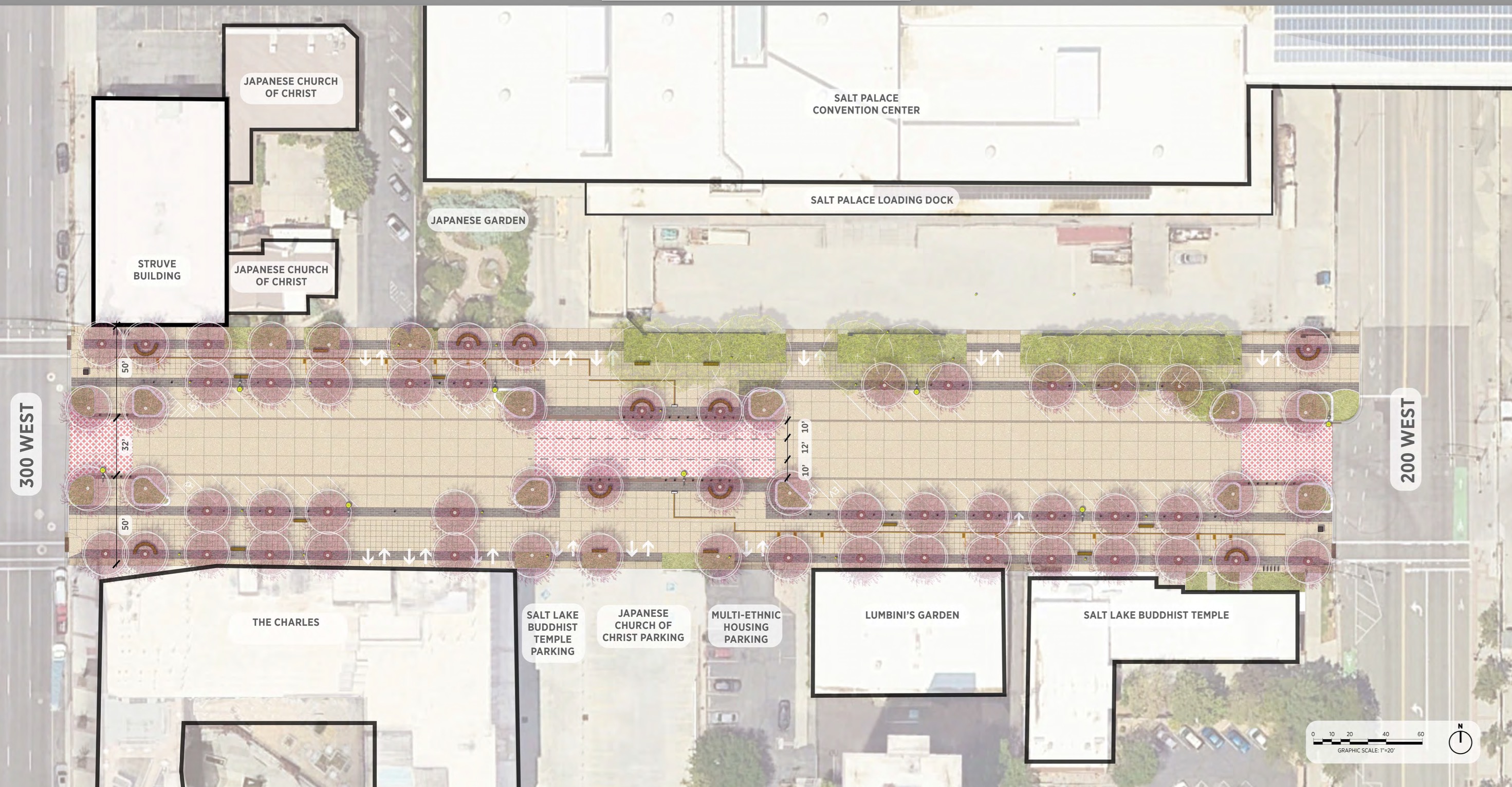 A rendering of what 100 South from 200 West to 300 West could look like within the remnants of historic Japantown.