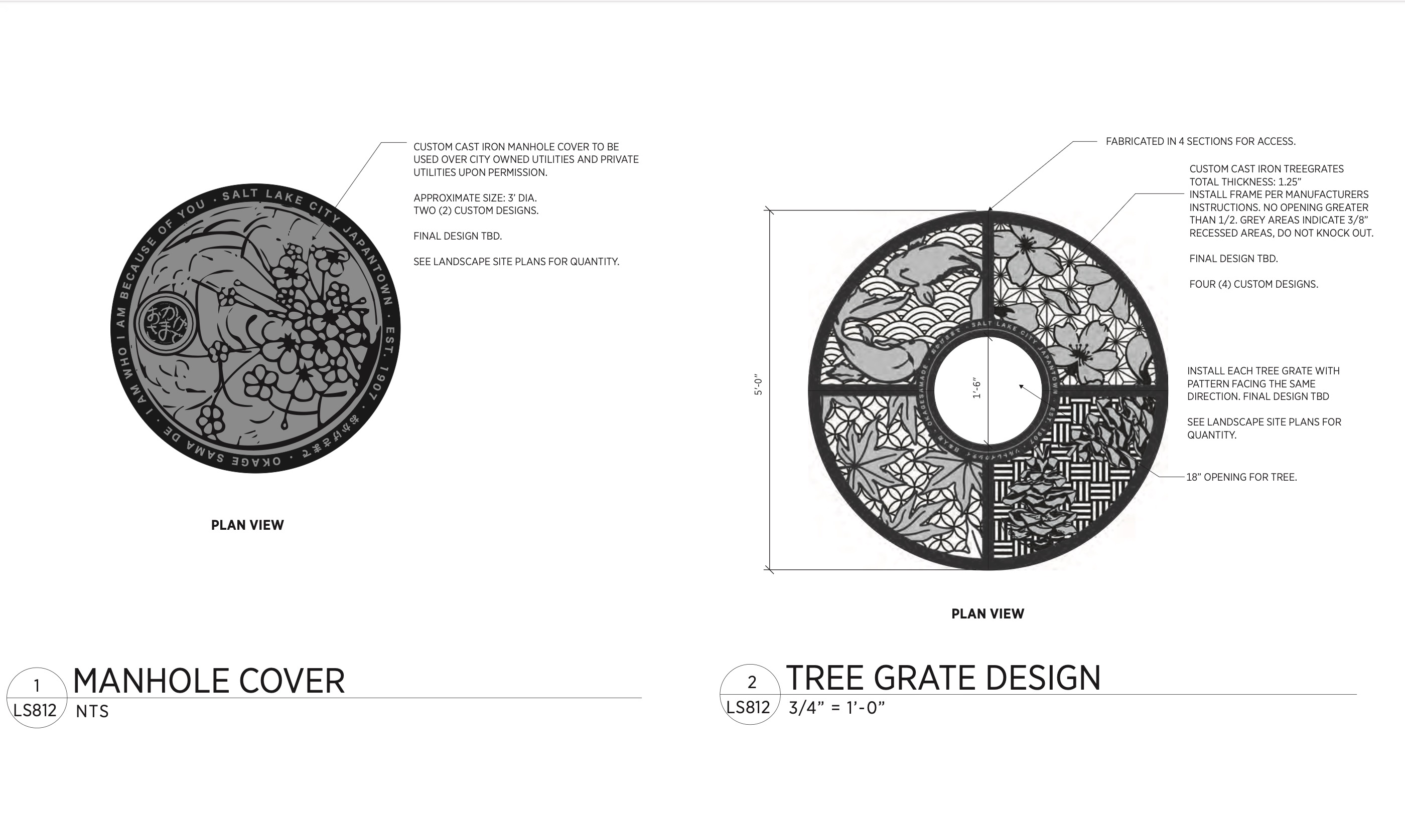 An example of what manhole cover and tree grate designs may look like within historic Japantown in Salt Lake City.