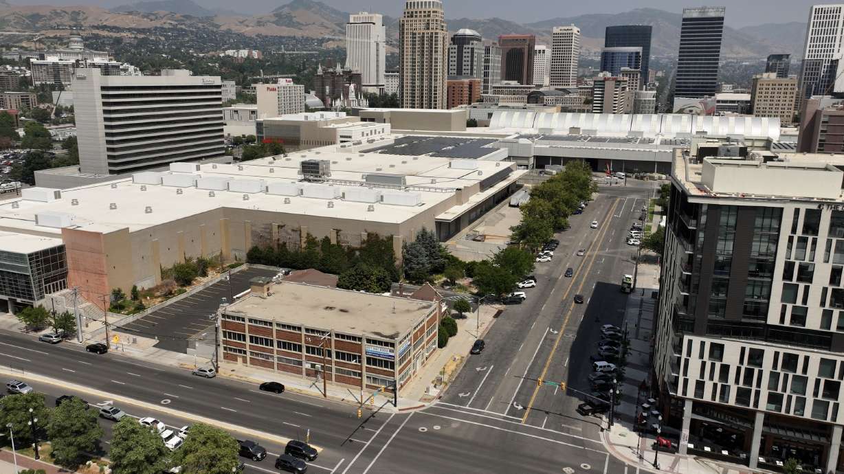 What remains of Japantown, next to the Salt Palace Convention Center, is pictured in Salt Lake City on July 31, 2024. Salt Lake County officials said Tuesday that they've hired two construction teams that will carry out its overhaul in the coming years.