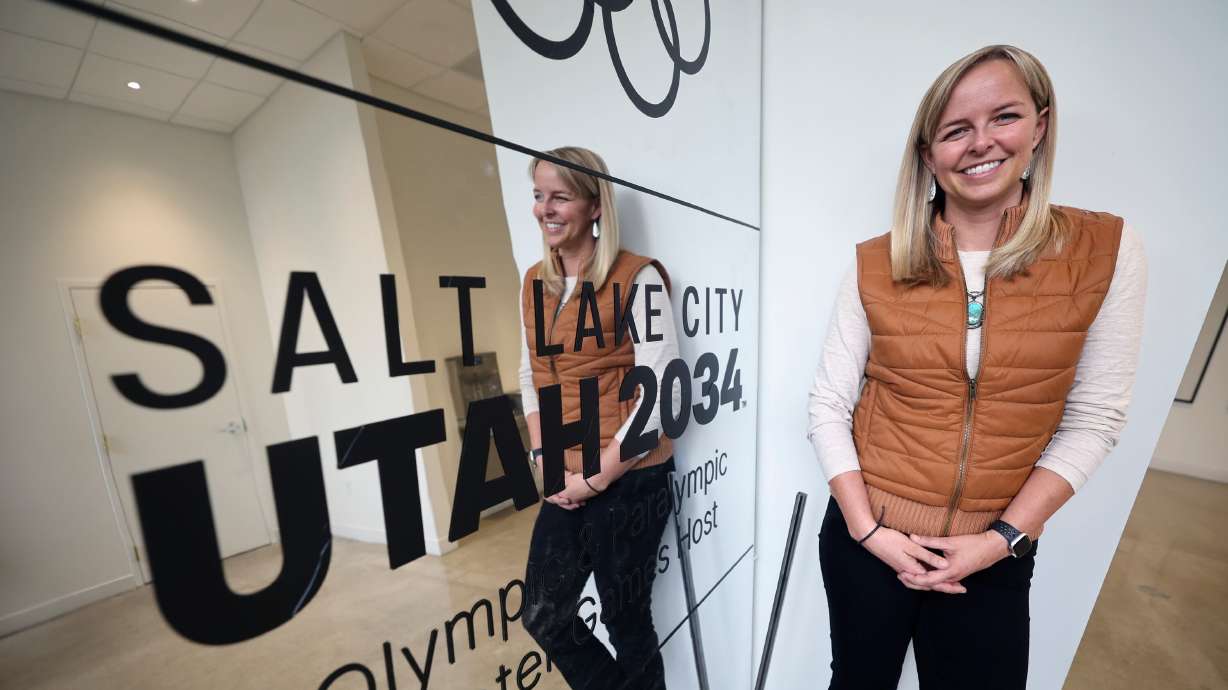 Kelsey Berg, Salt Lake City-Utah 2034 Organizing Committee for the Olympic and Paralympic Games government relations director, poses for a portrait at the organizing committee’s office in Salt Lake City on Oct. 22.