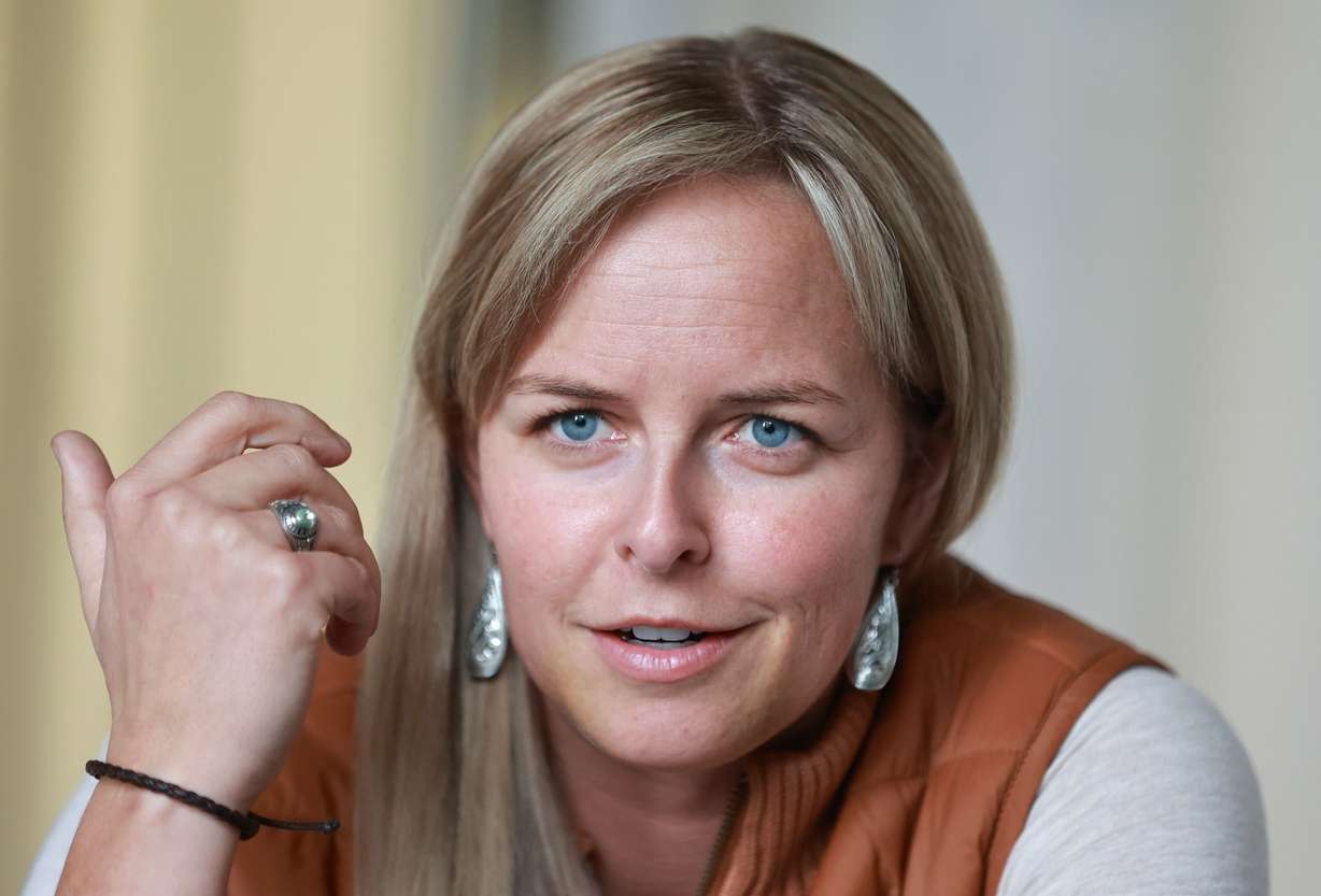 Kelsey Berg, Salt Lake City-Utah 2034 Organizing Committee for the Olympic and Paralympic Games government relations director, answers interview questions at the organizing committee’s office in Salt Lake City on Oct. 22.