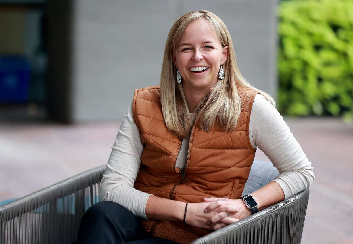 Kelsey Berg, Salt Lake City-Utah 2034 Organizing Committee for the Olympic and Paralympic Games government relations director, poses for a portrait outside of the organizing committee’s office in Salt Lake City on Oct. 22.