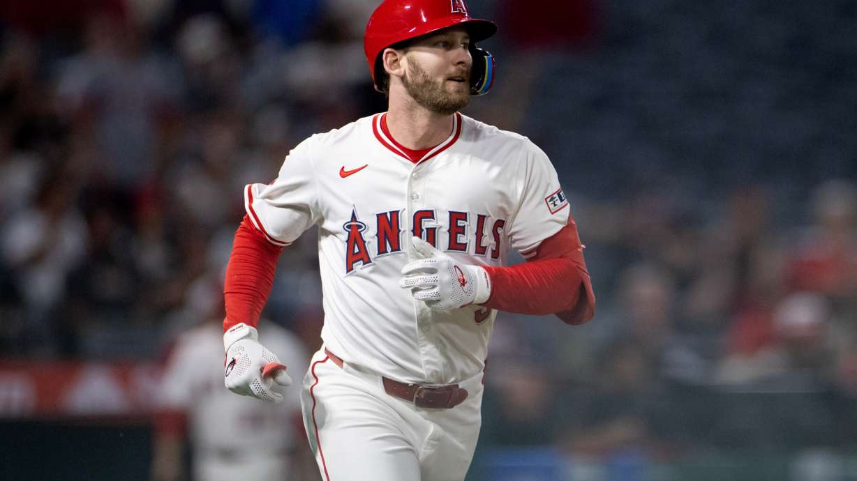 FILE - Los Angeles Angels' Taylor Ward runs the bases after hitting a home run during the ninth inning of a baseball game against the Kansas City Royals Sept. 23, 2025, in Anaheim, Calif.