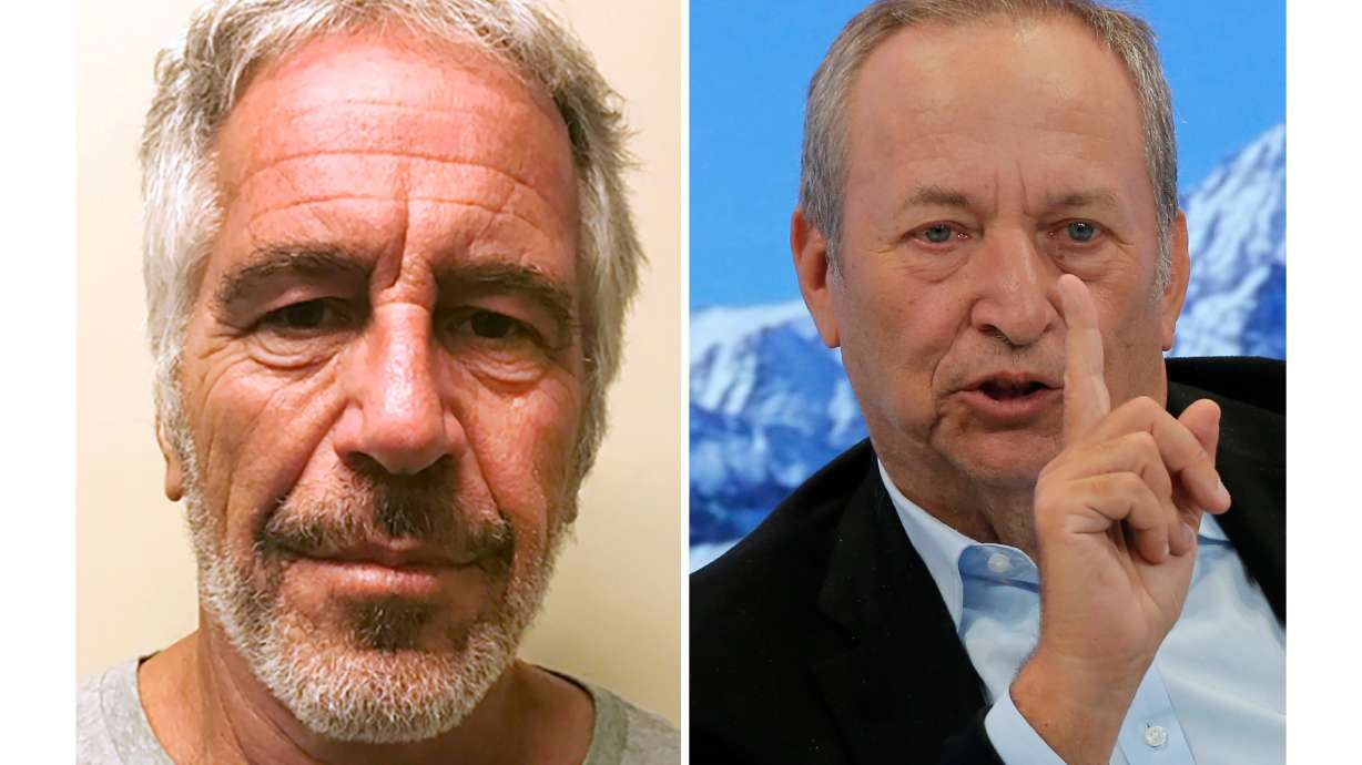 This combo shows Jeffrey Epstein, left, and economist Larry Summers. Harvard University is reinvestigating connections between its former president Summers and Epstein, a university spokesperson said Wednesday.
