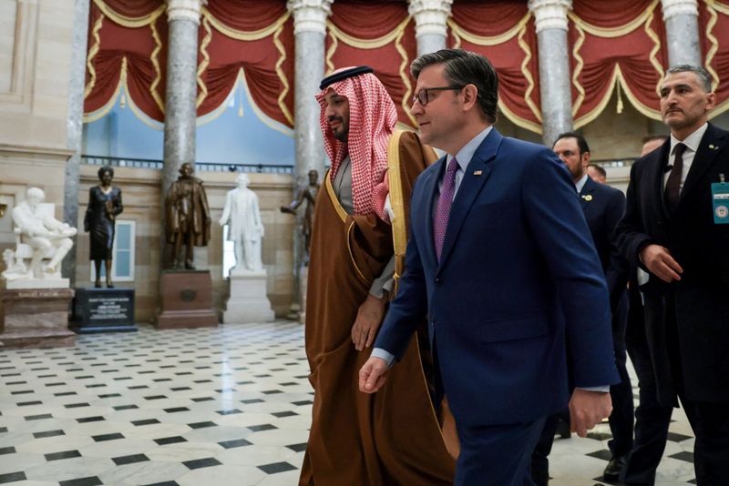 Saudi Crown Prince and Prime Minister Mohammed bin Salman and House Speaker Mike Johnson, R-La., walk through Statuary Hall at the U.S. Capitol, on their way to a meeting with members of Congress, on Capitol Hill in Washington, Wednesday. The reception for bin Salman was relatively subdued.