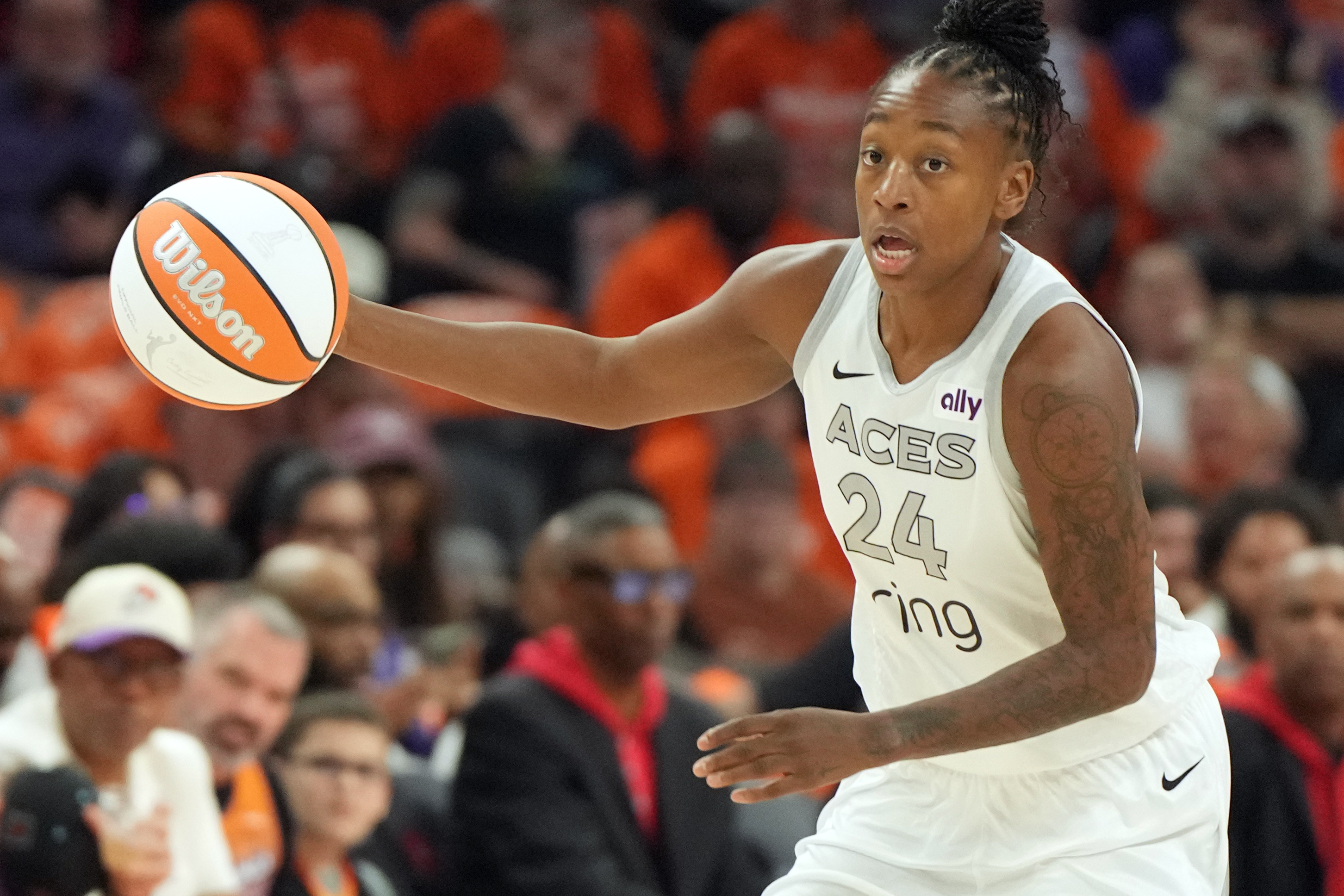 FILE - Las Vegas Aces guard Jewell Loyd (24) drives against the Phoenix Mercury during the first half of Game 3 of the WNBA basketball finals, Wednesday, Oct. 8, 2025, in Phoenix. 