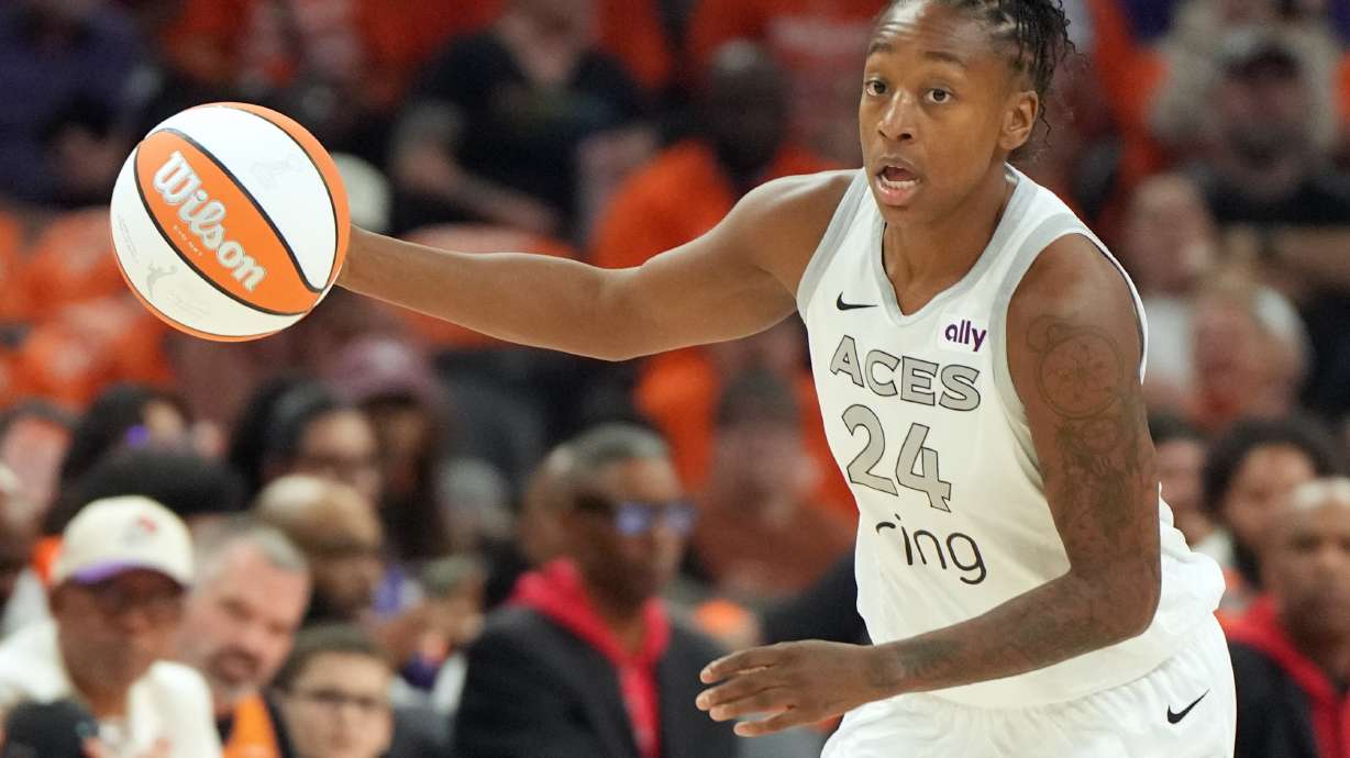 FILE - Las Vegas Aces guard Jewell Loyd (24) drives against the Phoenix Mercury during the first half of Game 3 of the WNBA basketball finals, Wednesday, Oct. 8, 2025, in Phoenix.