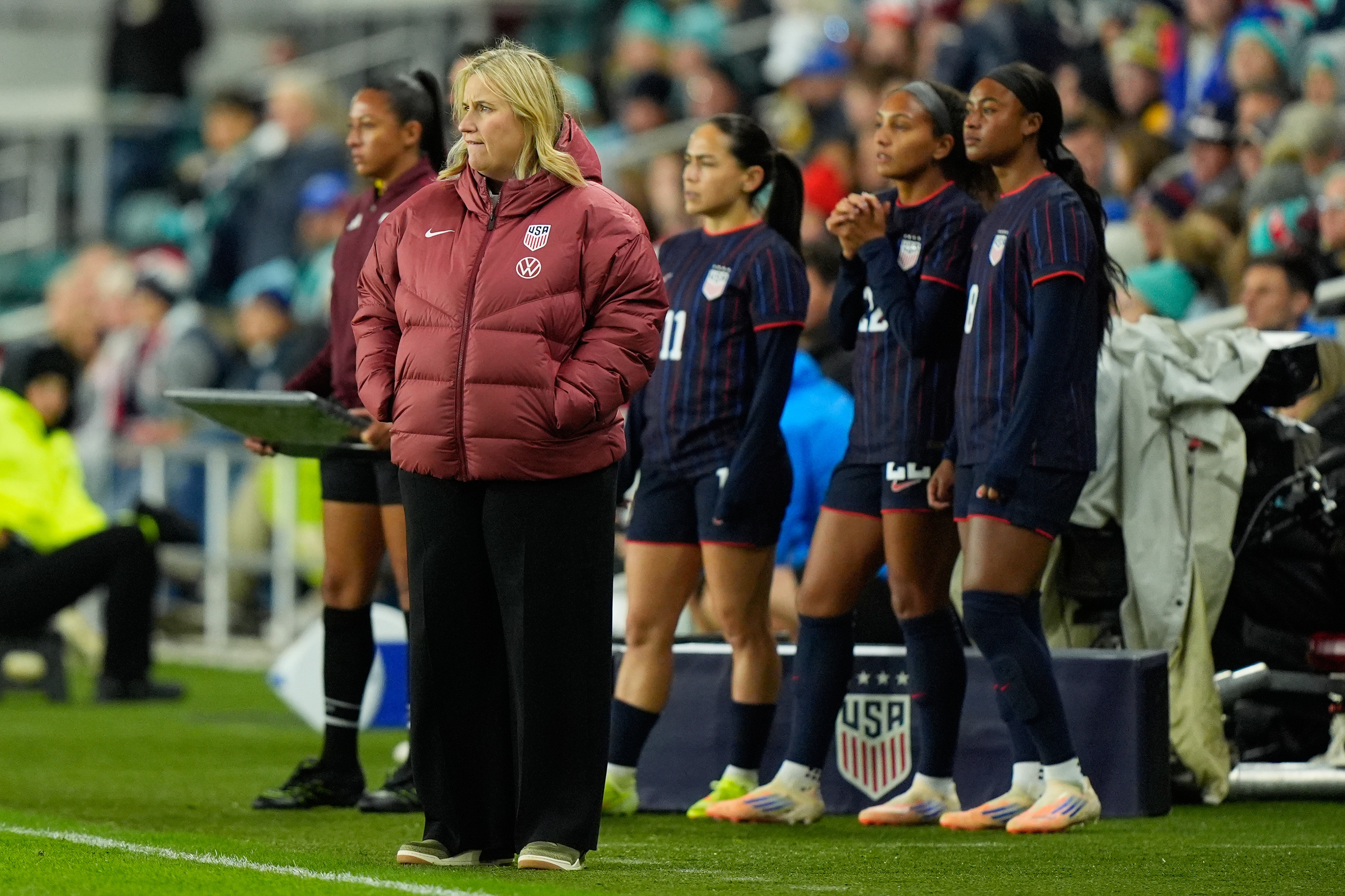 New Zealand New Zealand head coach Michael Mayne watches during the second half of a women's international friendly soccer match against New Zealand, Wednesday, Oct. 29, 2025, in Kansas City, Mo. 