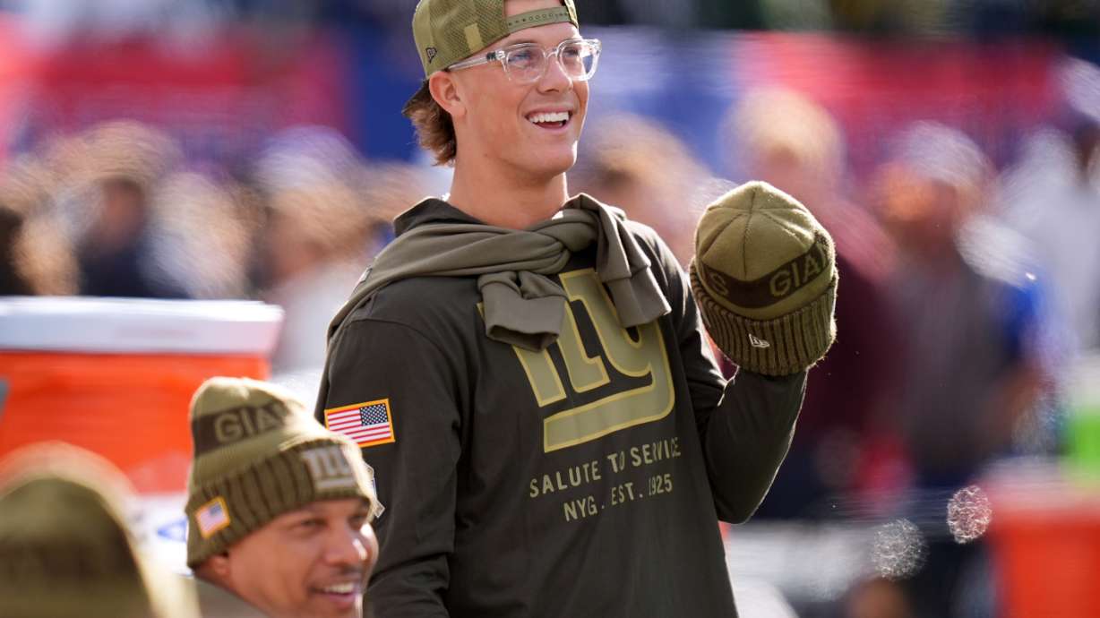 New York Giants' Jaxson Dart is seen before an NFL football game against the Green Bay Packers Sunday, Nov. 16, 2025, in East Rutherford, N.J.