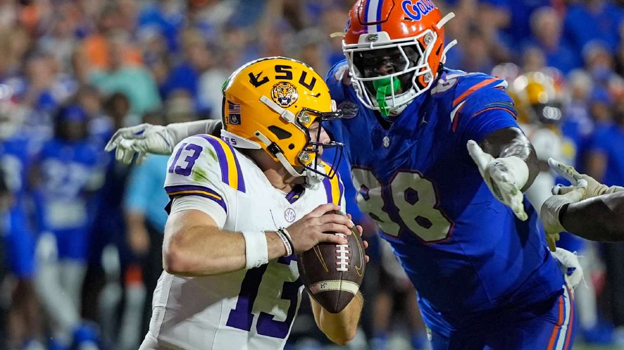 FILE - Florida defensive lineman Caleb Banks (88) sacks LSU quarterback Garrett Nussmeier (13) during the second half of an NCAA college football game, Saturday, Nov. 16, 2024, in Gainesville, Fla.