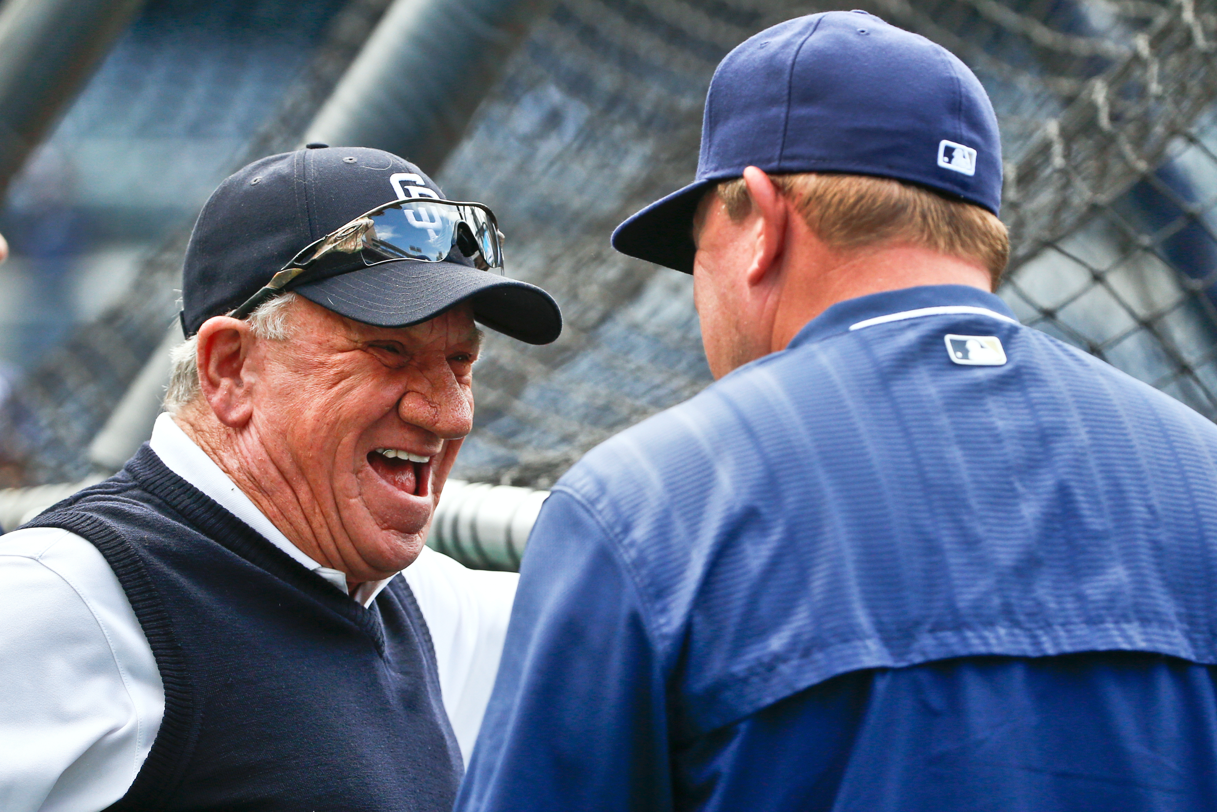 FILE - Former San Diego Padres pitcher Randy Jones, left, laughs while talking with manager Pat Murphy prior to a baseball against the Arizona Diamondbacks in San Diego on June 26, 2015. 