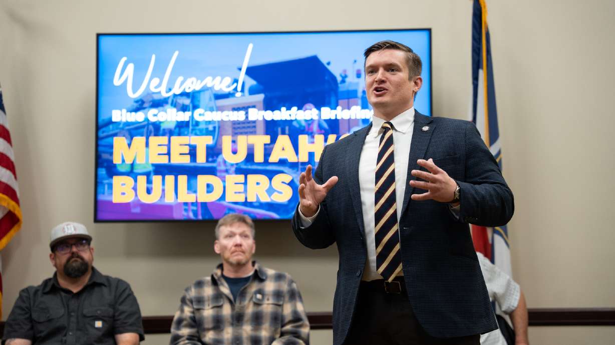 Utah Rep. Tyler Clancy, R-Provo, speaks during a press conference about legislation aimed at establishing area standard wage policies for public construction projects on Wednesday.