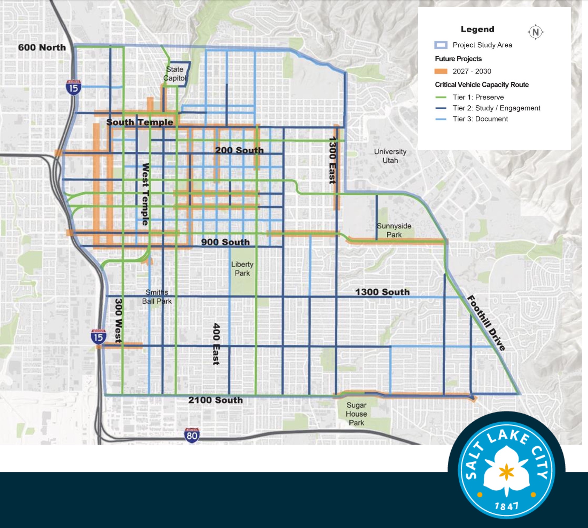 This map shows the three road tiers of a Critical Vehicle Capacity Routes Map that Salt Lake City would adopt in planning documents, as well as where future construction is expected. The tiers help plan where highway reduction strategies may or may not be implemented.