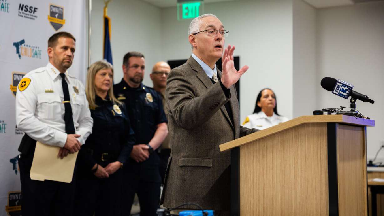 Joe Bartozzi, National Shooting Sports Foundation president and CEO, speaks at a press conference announcing the countywide launch of "Project ChildSafe Salt Lake" at the Utah Department of Public Safety in Taylorsville on Wednesday.
