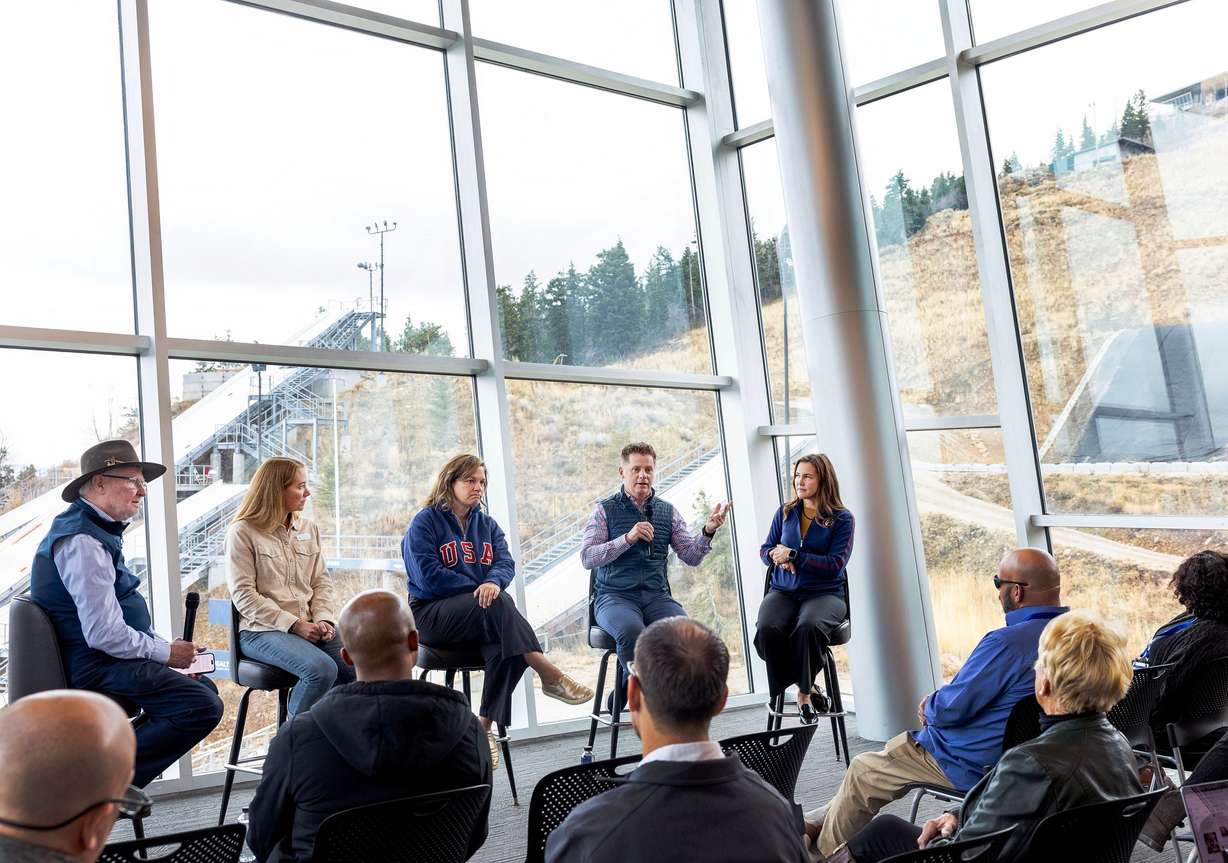 Tom Kelly, communications lead for the Organizing Committee for the 2034 Olympic and Paralympic Winter Games, left, Emily Fisher, executive director of Youth Sports Alliance, Catherine Raney Norman, vice president of development and athlete relations for Salt Lake City-Utah 2034, Calum Clark, chief operating officer for the Utah Olympic Legacy Foundation, and Salt Lake City Mayor Erin Mendenhall speak to National League of Cities attendees at the Utah Olympic Park in Park City on Wednesday. The panel discussed how leaders can learn from Utah's Olympic experience.