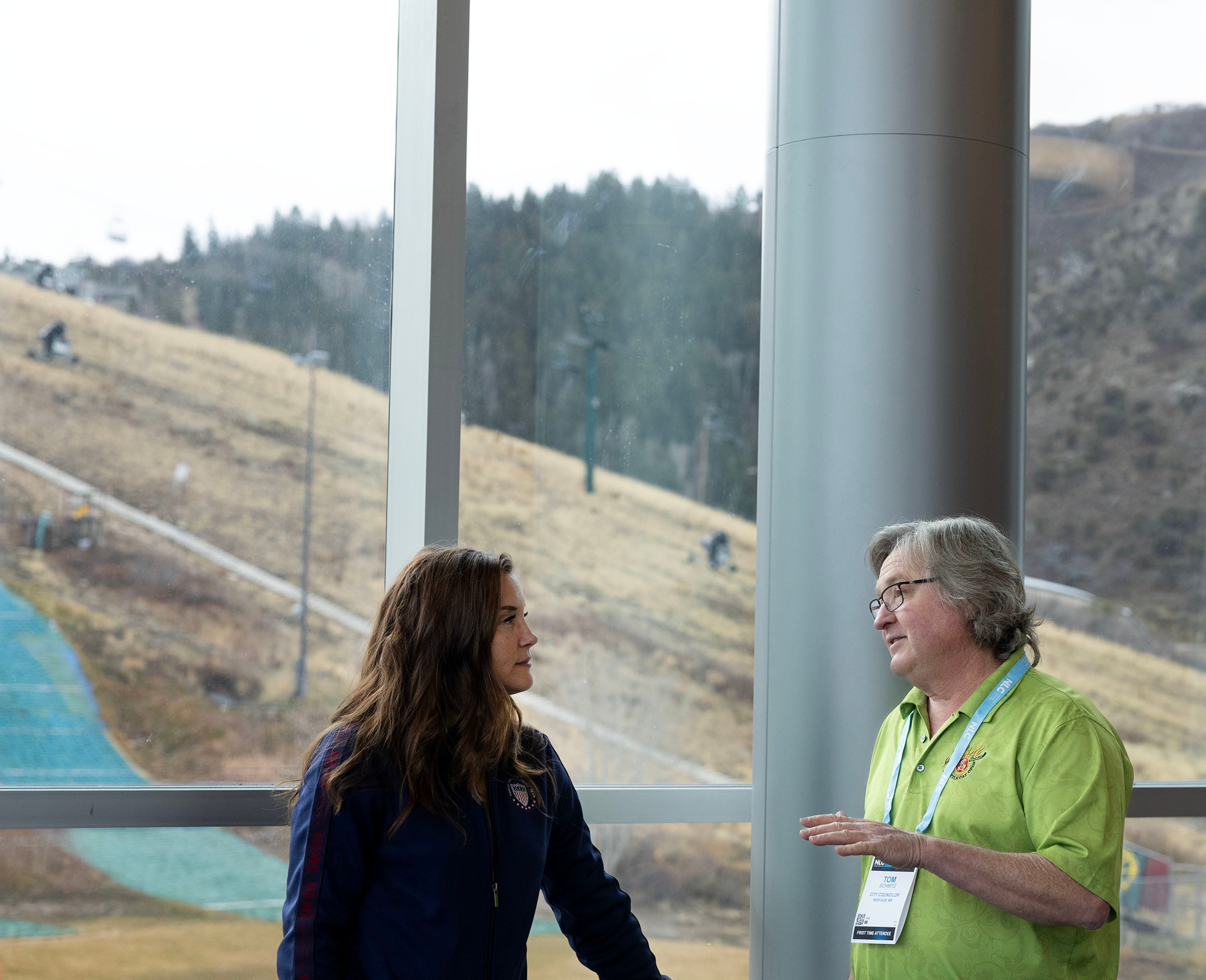 Salt Lake City Mayor Erin Mendenhall speaks with Tom Schmitz, city council member in New Ulm, Minn., prior to a National League of Cities panel discussion at the Utah Olympic Park in Park City on Wednesday. The panel focused on what leaders can learn from Utah's Olympic experience.