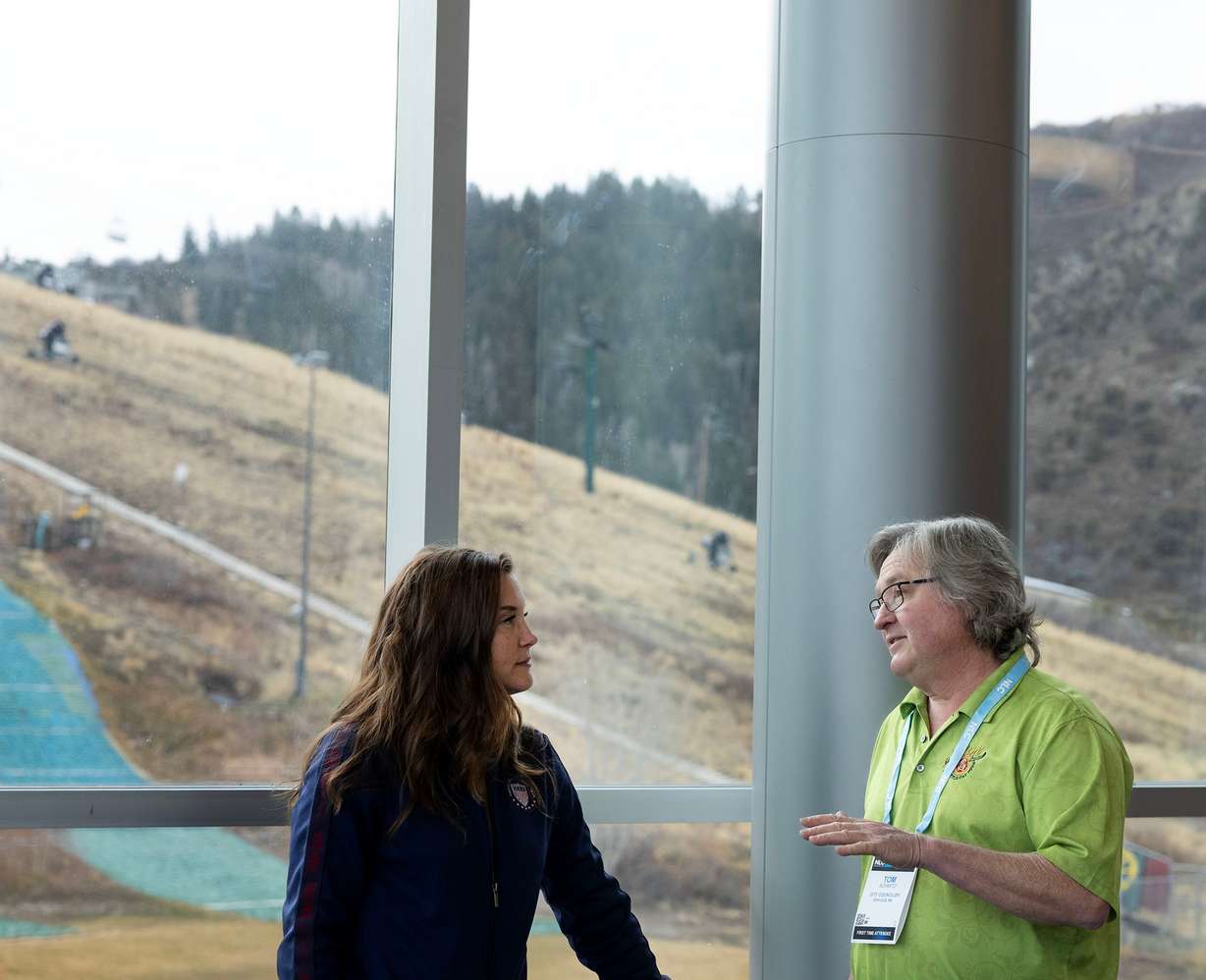 Salt Lake City Mayor Erin Mendenhall speaks with Tom Schmitz, city council member in New Ulm, Minn., prior to a National League of Cities panel discussion at the Utah Olympic Park in Park City on Wednesday. The panel focused on what leaders can learn from Utah's Olympic experience.