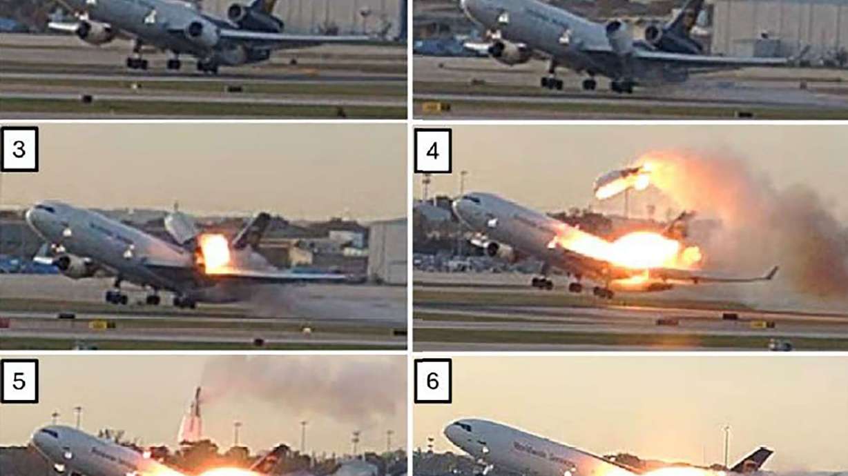 Still images from an airport surveillance video show the left engine and left pylon separation from the left wing on Nov. 4 in Louisville, Ky.