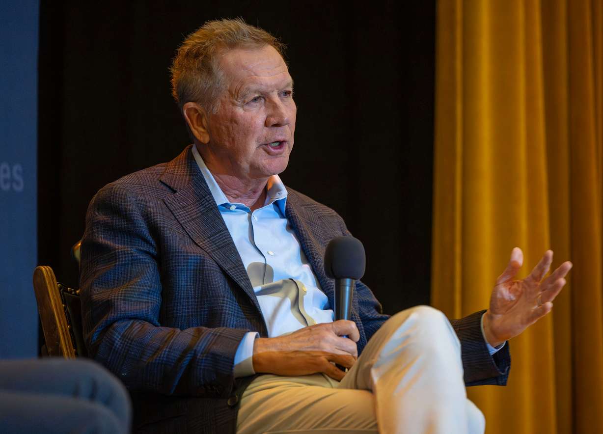 Former governor and presidential candidate John Kasich talks as Principles First holds a first-in-Utah dinner and discussion at the Clubhouse in Salt Lake City on Wednesday. Kasich discussed how the fear of losing one's spot in Congress is fueling political turmoil.