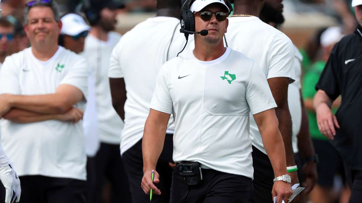 FILE - North Texas head coach Eric Morris walks the sideline during an NCAA college football game against Washington State, Sept. 13, 2025, in Denton, Texas.