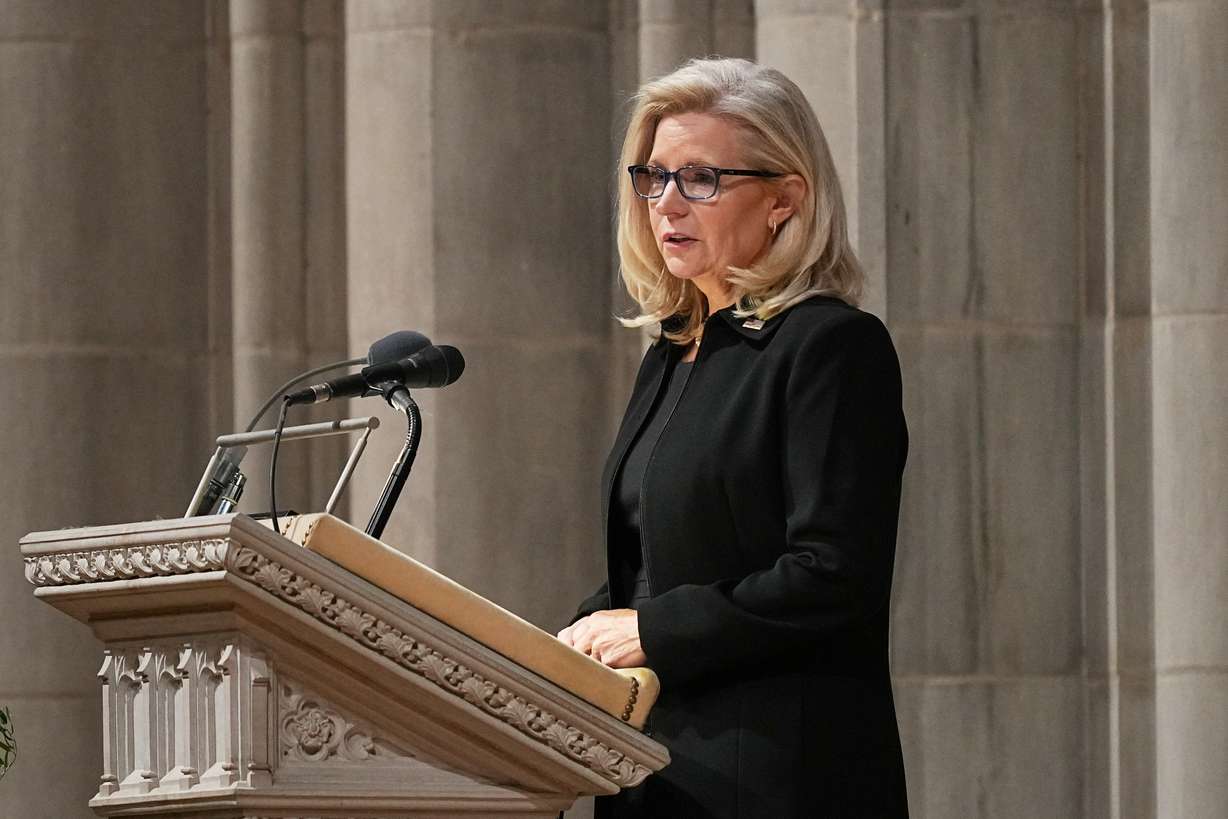 Former Rep. Liz Cheney, R-Wyo., speaks a tribute to her father, during the funeral for former Vice President Dick Cheney, at the Washington National Cathedral, Thursday, in Washington. Cheney said she saw clouds in the shape of angels before her father's passing.