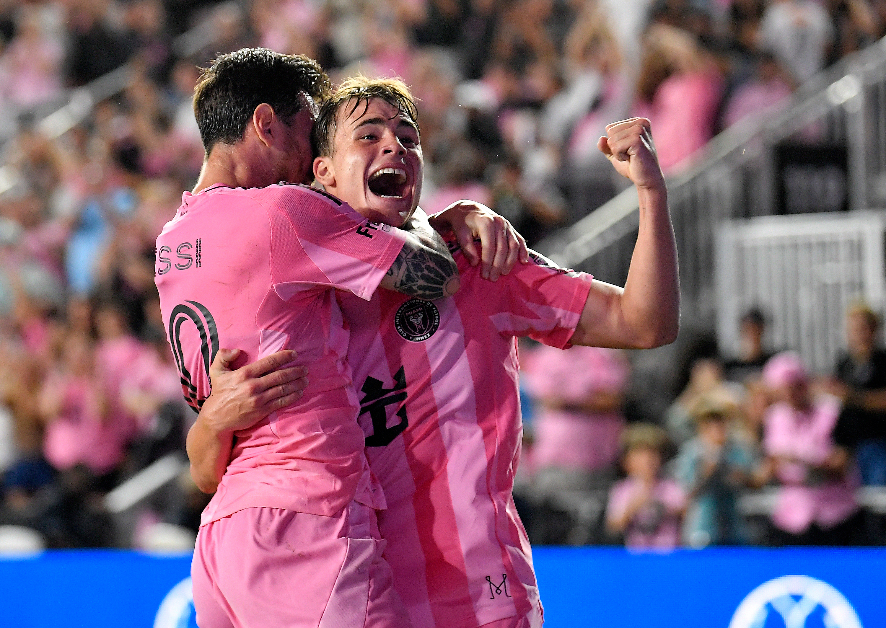 Inter Miami forward Lionel Messi, left, celebrates with forward Mateo Silvetti, right, after scoring during the first half of Game 3 in the first round of MLS soccer's Western Conference playoffs against Nashville SC in Fort Lauderdale, Fla., Nov. 8, 2025. 