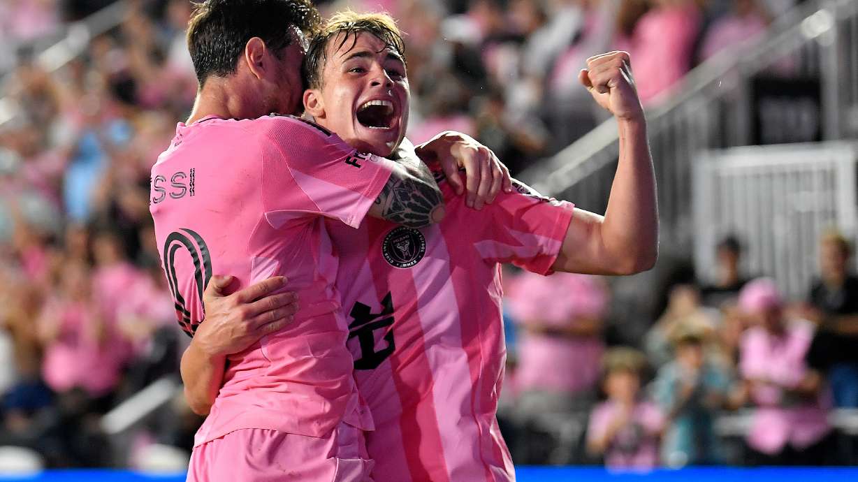 Inter Miami forward Lionel Messi, left, celebrates with forward Mateo Silvetti, right, after scoring during the first half of Game 3 in the first round of MLS soccer's Western Conference playoffs against Nashville SC in Fort Lauderdale, Fla., Nov. 8, 2025.
