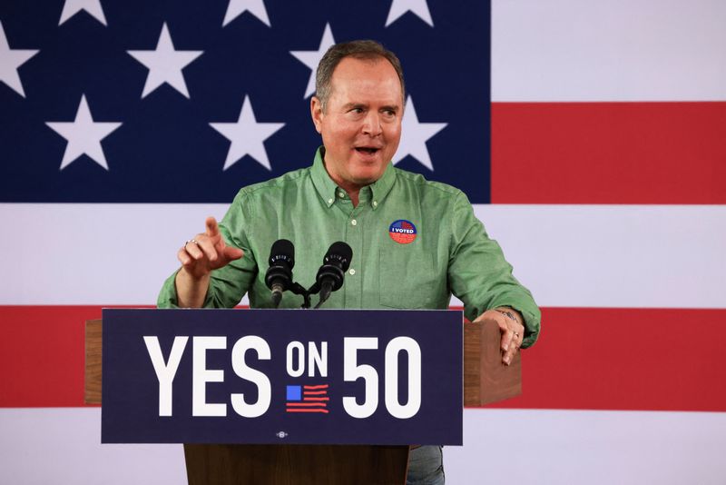 Sen. Adam Schiff, D-Calif., speaks during a rally at the Los Angeles Convention Center, in Los Angeles, Calif., Nov. 1. Federal prosecutors are reportedly investigating the conduct of President Donald Trump's allies in the investigation of Schiff.