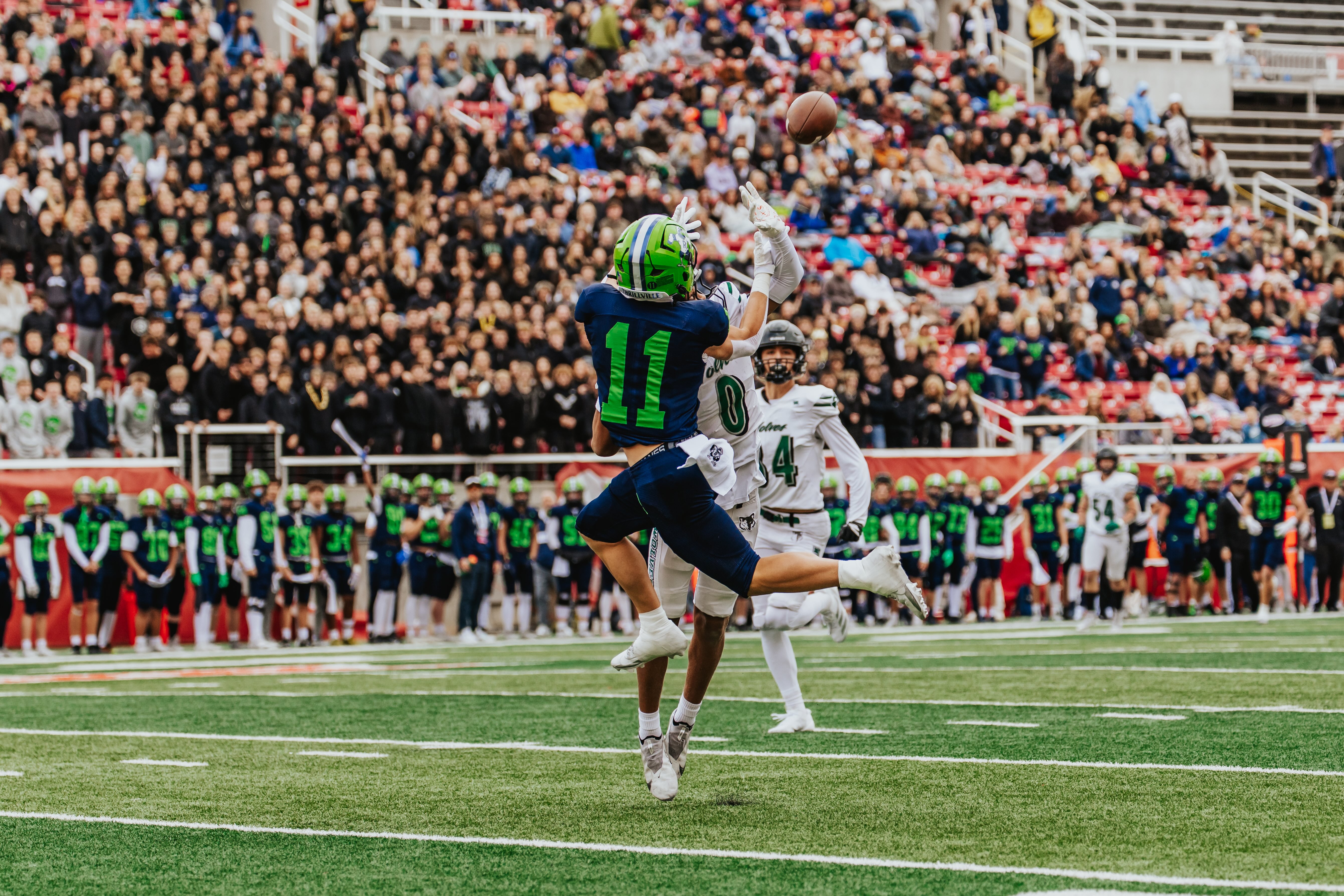 Ridgeline's Graham Livingston catches a pass during Ridgeline's game against Green Canyon in the 4A high school football championship game, Thursday, Nov. 20, 2025 at Rice-Eccles Stadium in Salt Lake City.