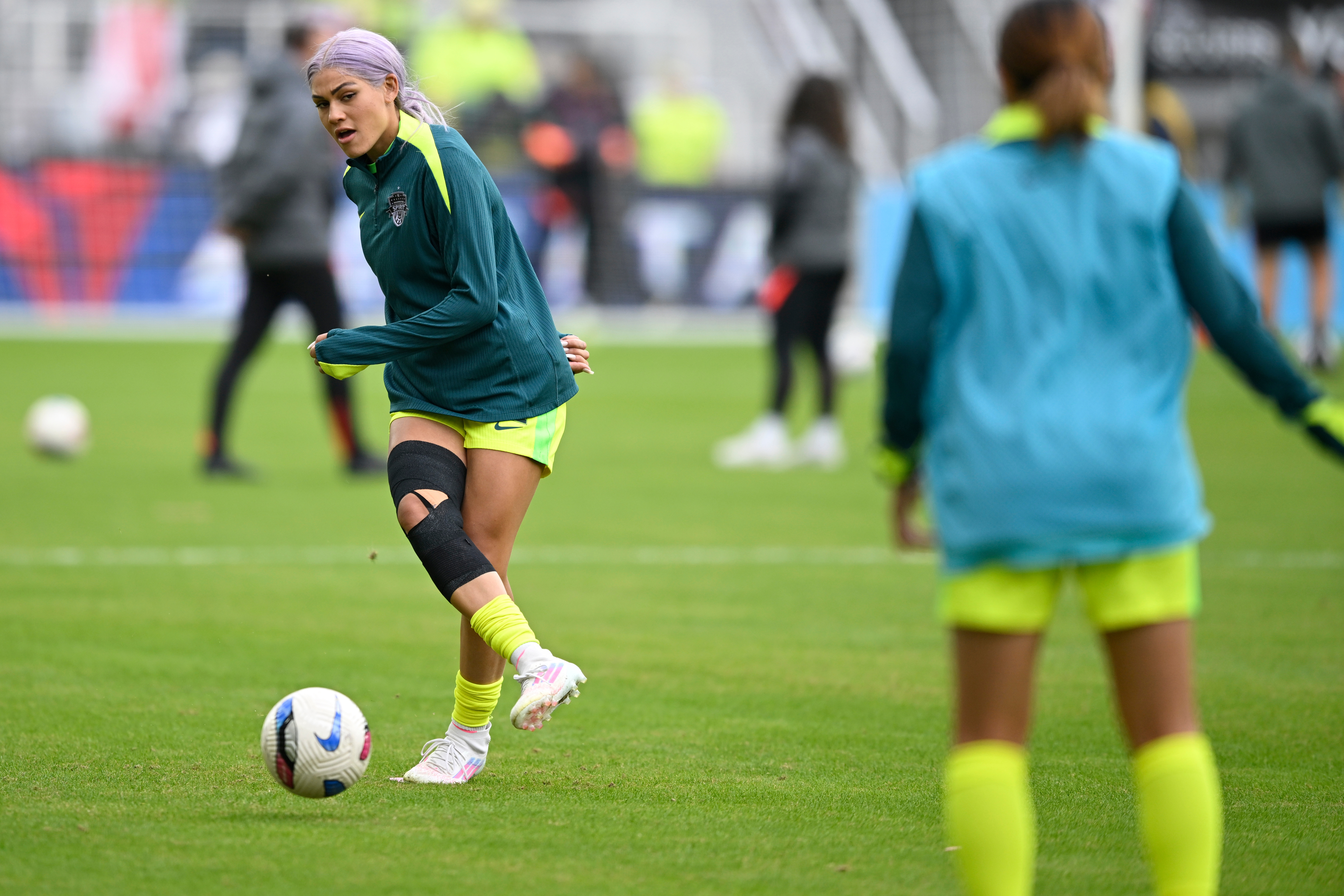 Washington Spirit forward Trinity Rodman warms up before a NWSL semifinal women's soccer match against Portland Thorns FC, Saturday, Nov. 15, 2025, in Washington. 