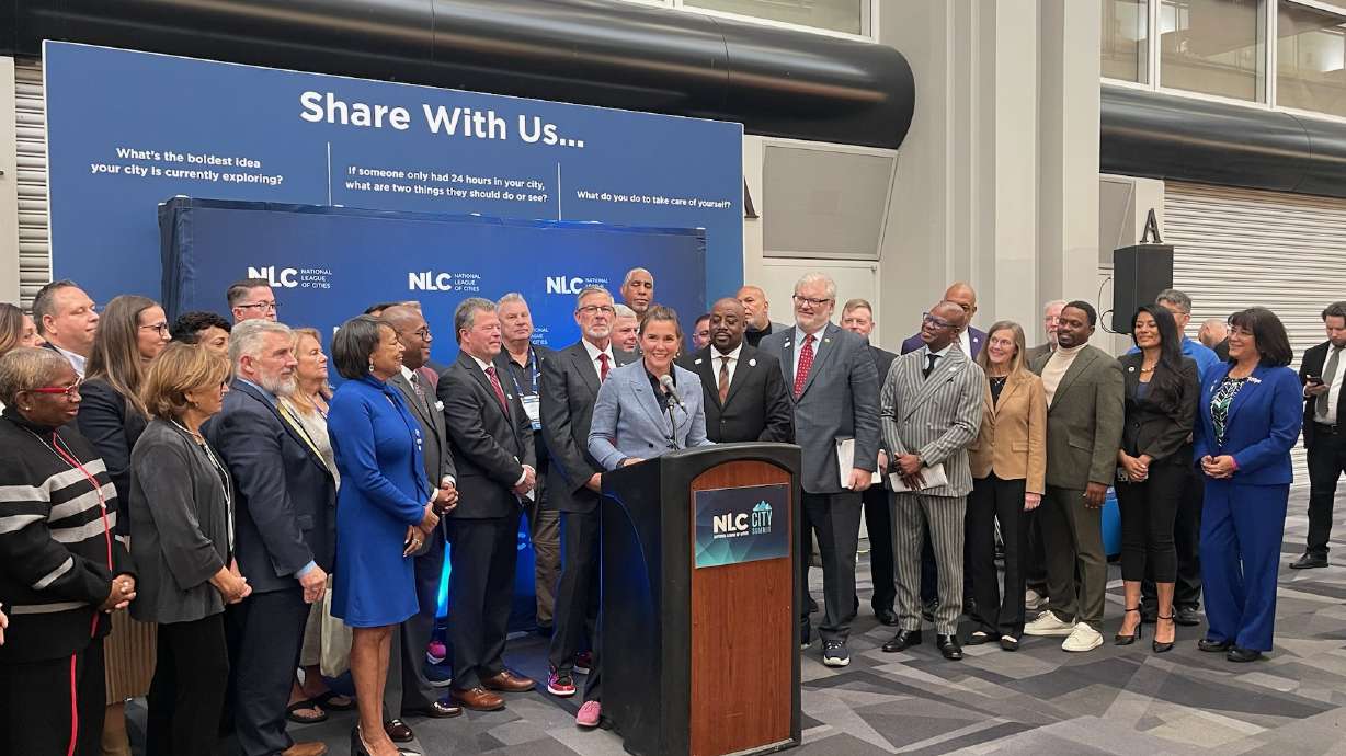 Salt Lake City Mayor Erin Mendenhall speaks at a National League of Cities press conference on Thursday. Affordable housing was a key area of focus during the National League of Cities annual City Summit in Salt Lake City this week.