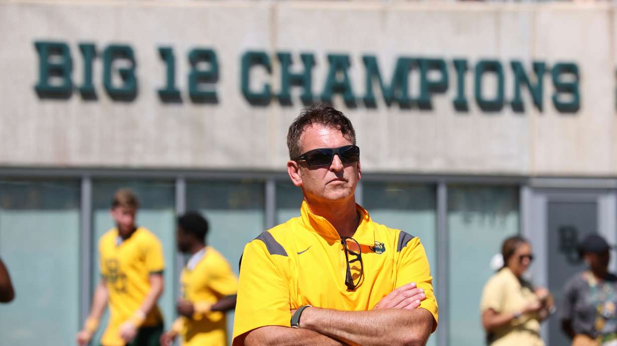 FILE - Baylor athletic director Mack Rhoades looks on from the sideline during an NCAA college football game against BYU, Saturday, Sept. 28, 2024, in Waco, Texas.