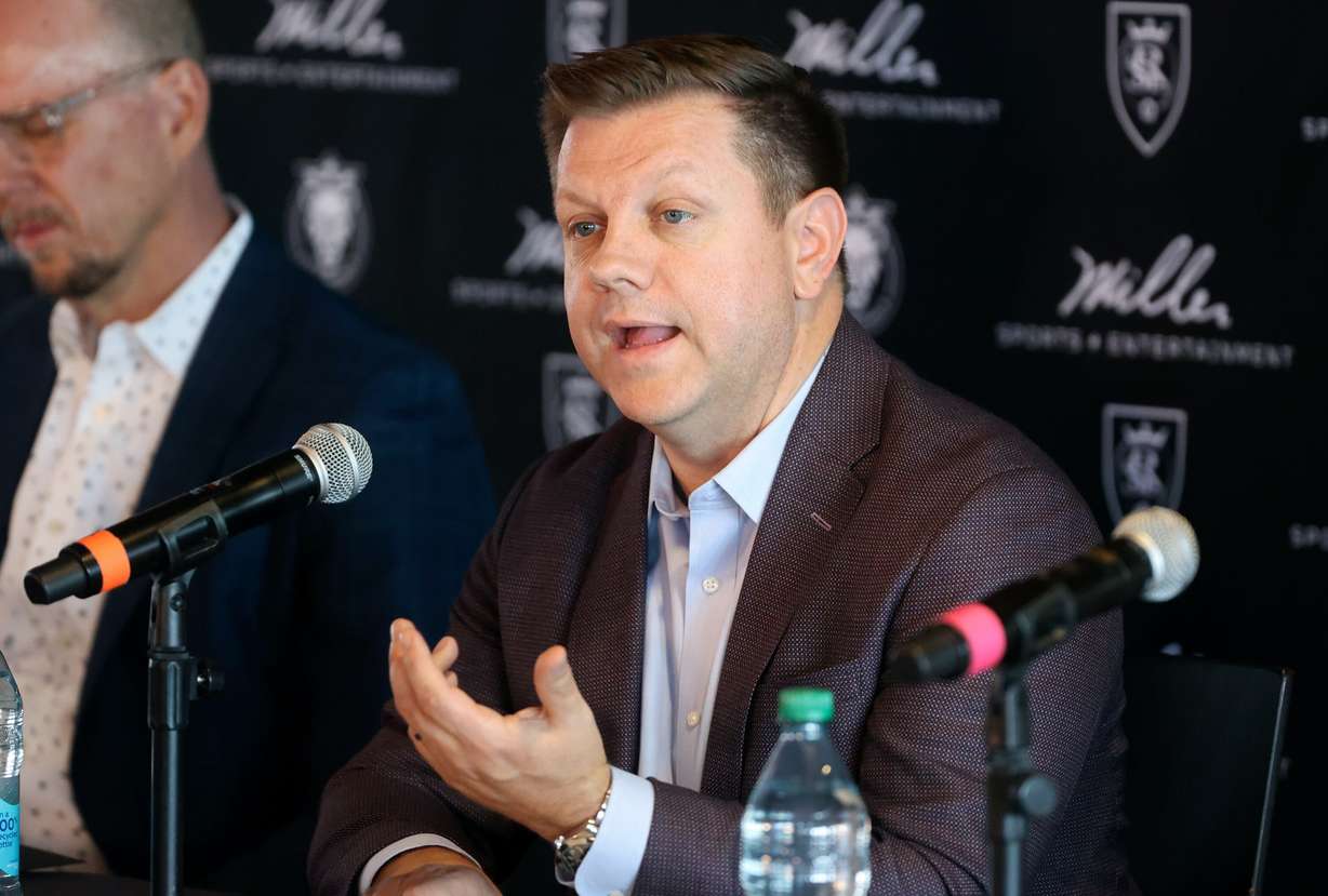 Steve Starks, Real Salt Lake chairman, speaks at a press conference at the America First Field in Sandy on Thursday.