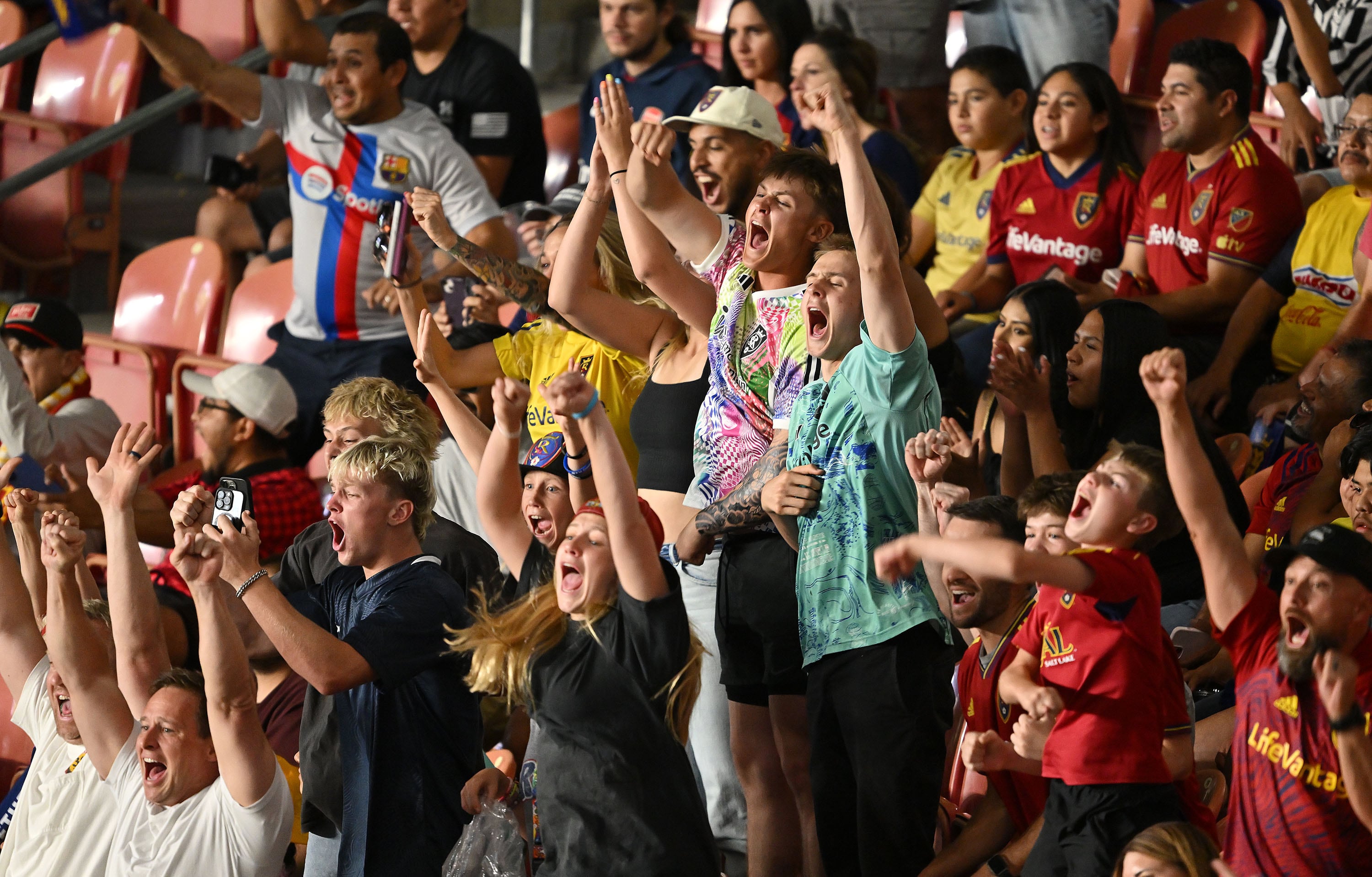 Real Salt Lake fans go crazy after keeper Rafael Cabral blocked a penalty kick by Club America’s Jose Zuniga in the Leagues Cup Phase One at America First Field in Sandy on July 30. RSL won on penalty kicks 3-1.