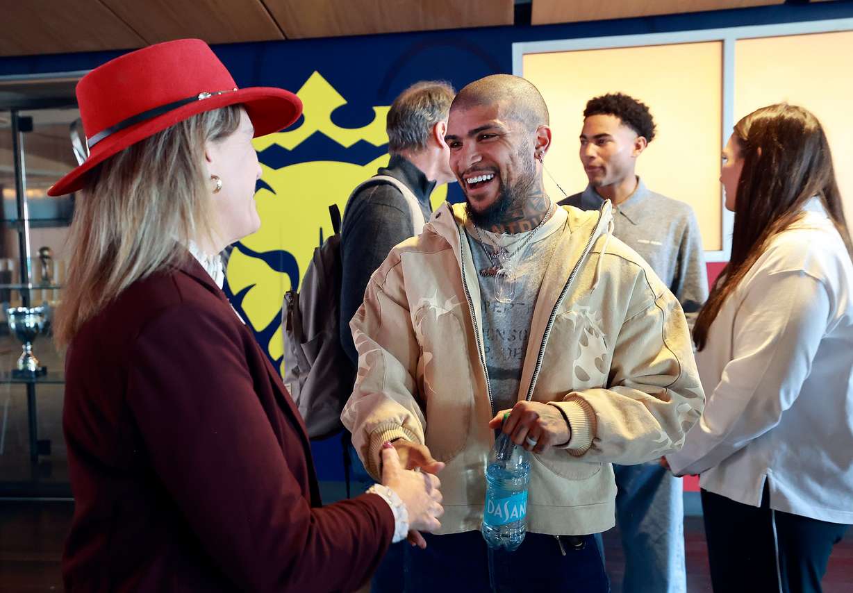 Sandy City Mayor Monica Zoltanski shakes hands with DeAndre Yedlin, Real Salt Lake defender, after a press conference at the America First Field in Sandy on Thursday.
