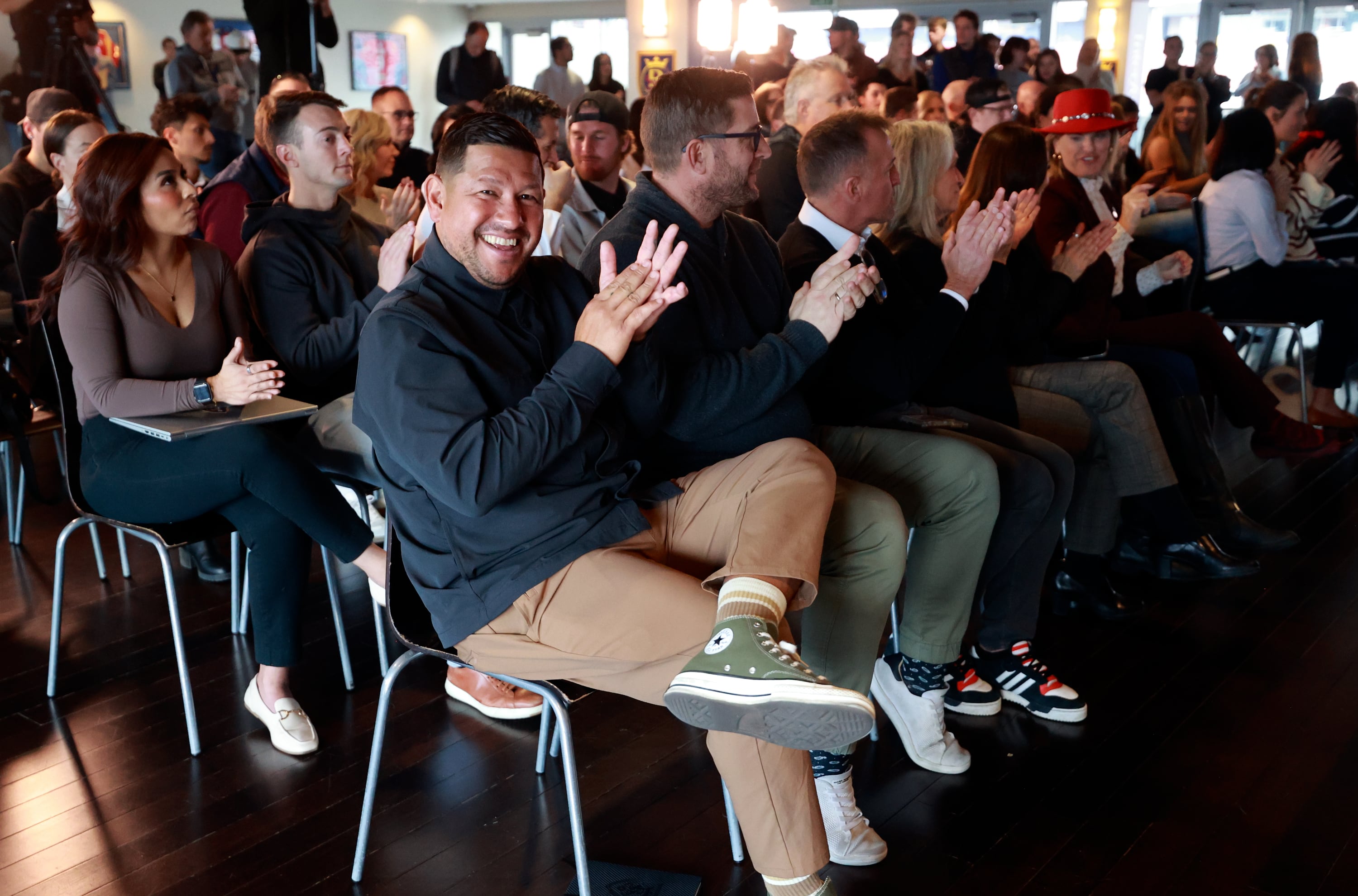 Nick Rimando, former Real Salt Lake goalkeeper, applauds during a press conference at the America First Field in Sandy on Thursday.