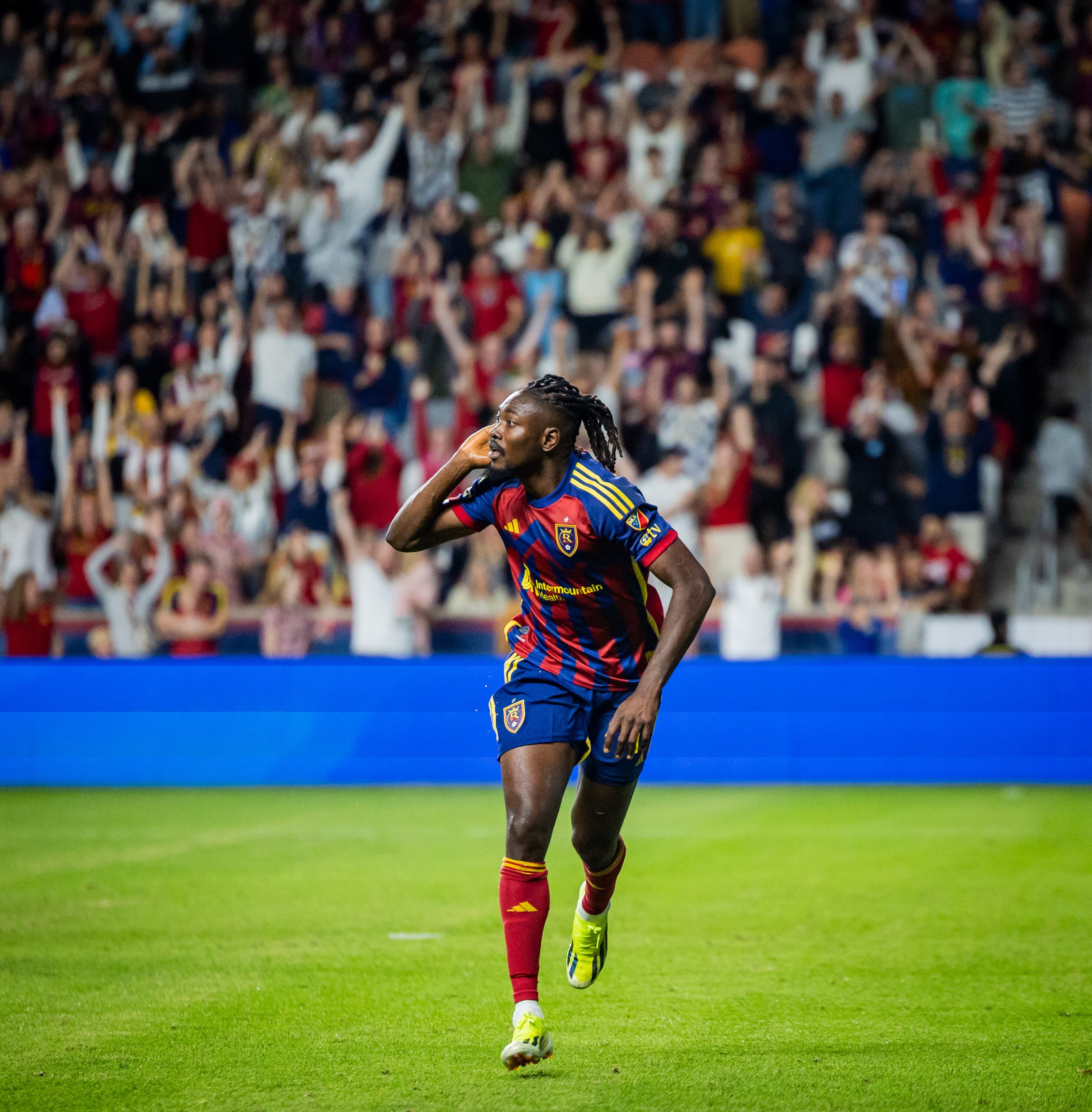 Real Salt Lake striker Victor Olatunji reacts after scoring a goal during a game against Austin FC at America First Field  in Sandy on Sept. 27.