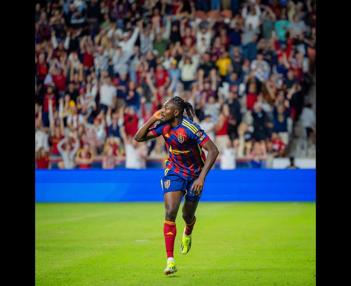 Real Salt Lake striker Victor Olatunji reacts after scoring a goal during a game against Austin FC at America First Field in Sandy on Sept. 27.