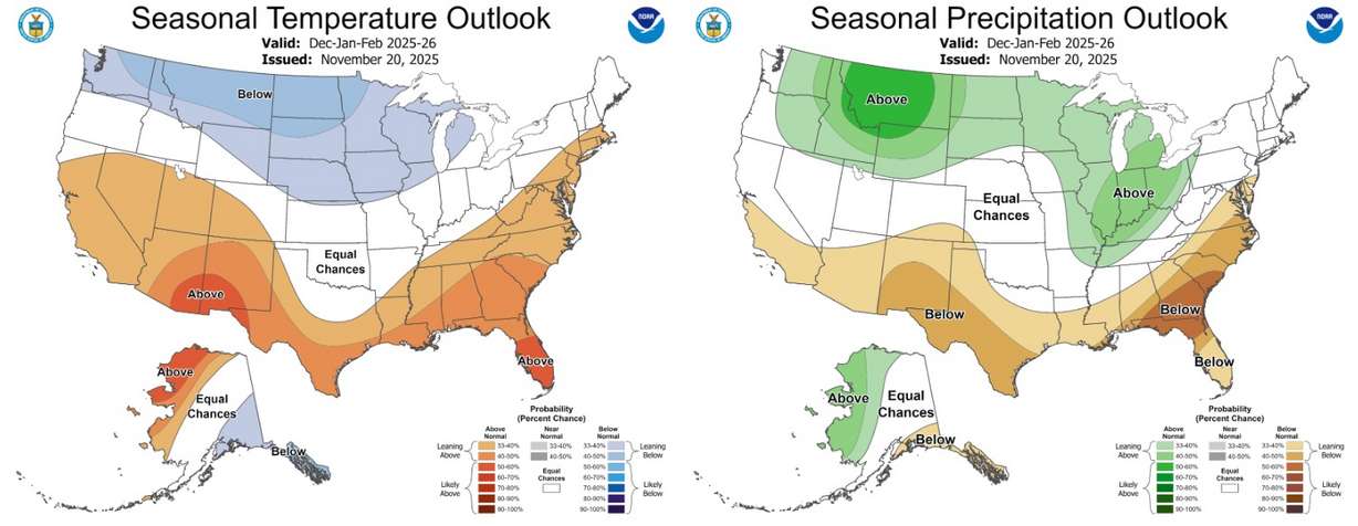 These maps show the temperature and precipitation probabilities for the U.S. from Dec. 1 of this year through Feb. 28, 2026. Most of Utah is expected to have a warmer winter, but precipitation totals are less certain.