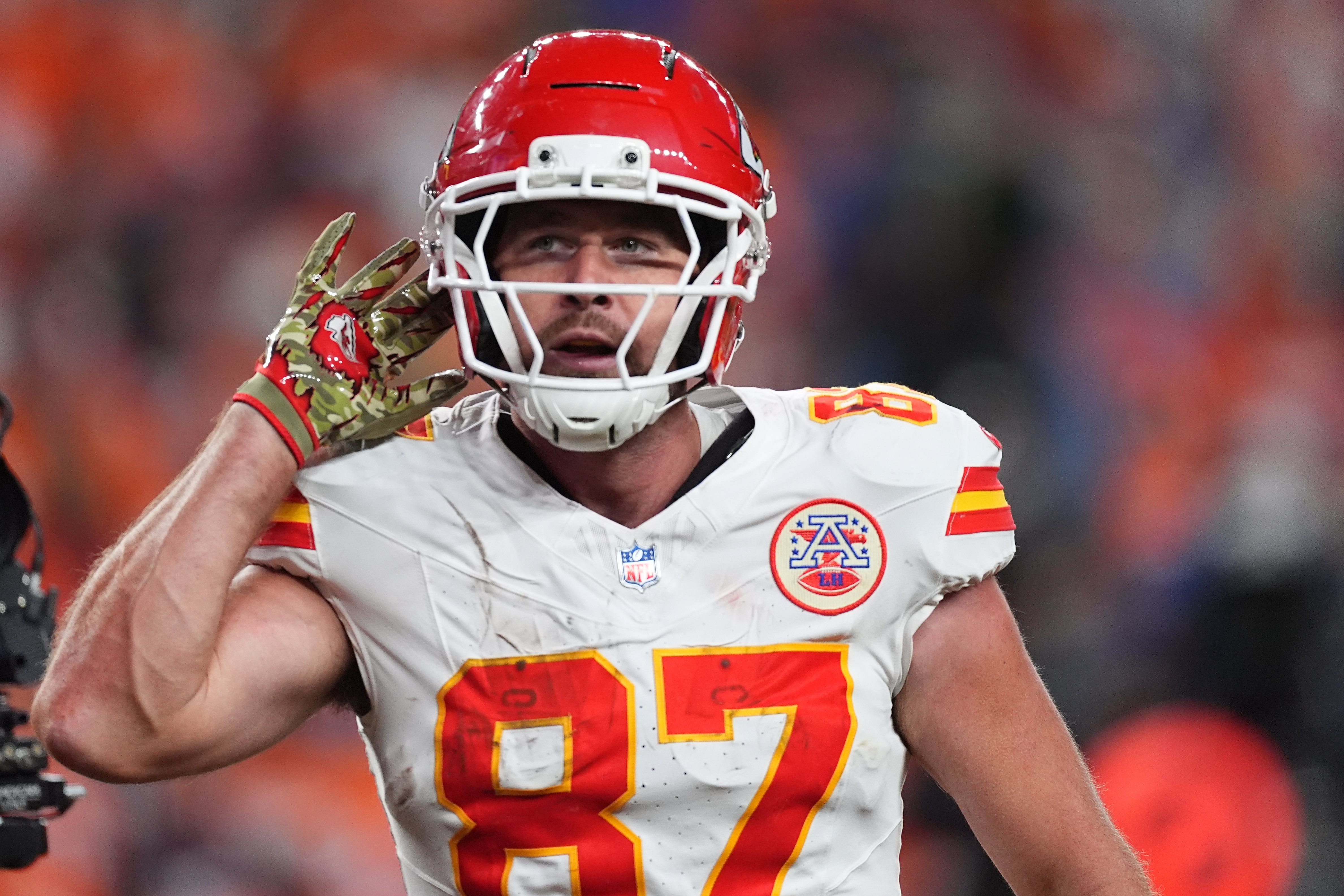 Kansas City Chiefs tight end Travis Kelce celebrates after scoring during the second half an NFL football game against the Denver Broncos Sunday, Nov. 16, 2025, in Denver. 
