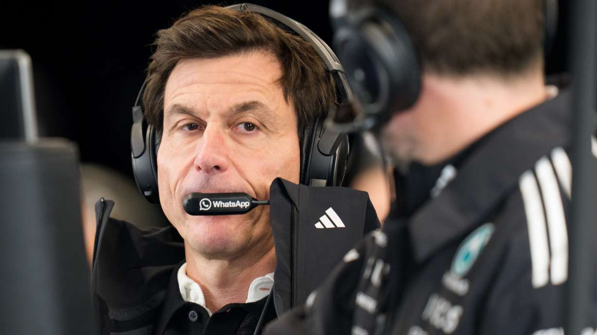 Toto Wolff, principal of Mercedes AMG Petronas F1 Team, watches during a practice session at the F1 Las Vegas Grand Prix auto race , Thursday, Nov. 20, 2025 in Las Vegas.