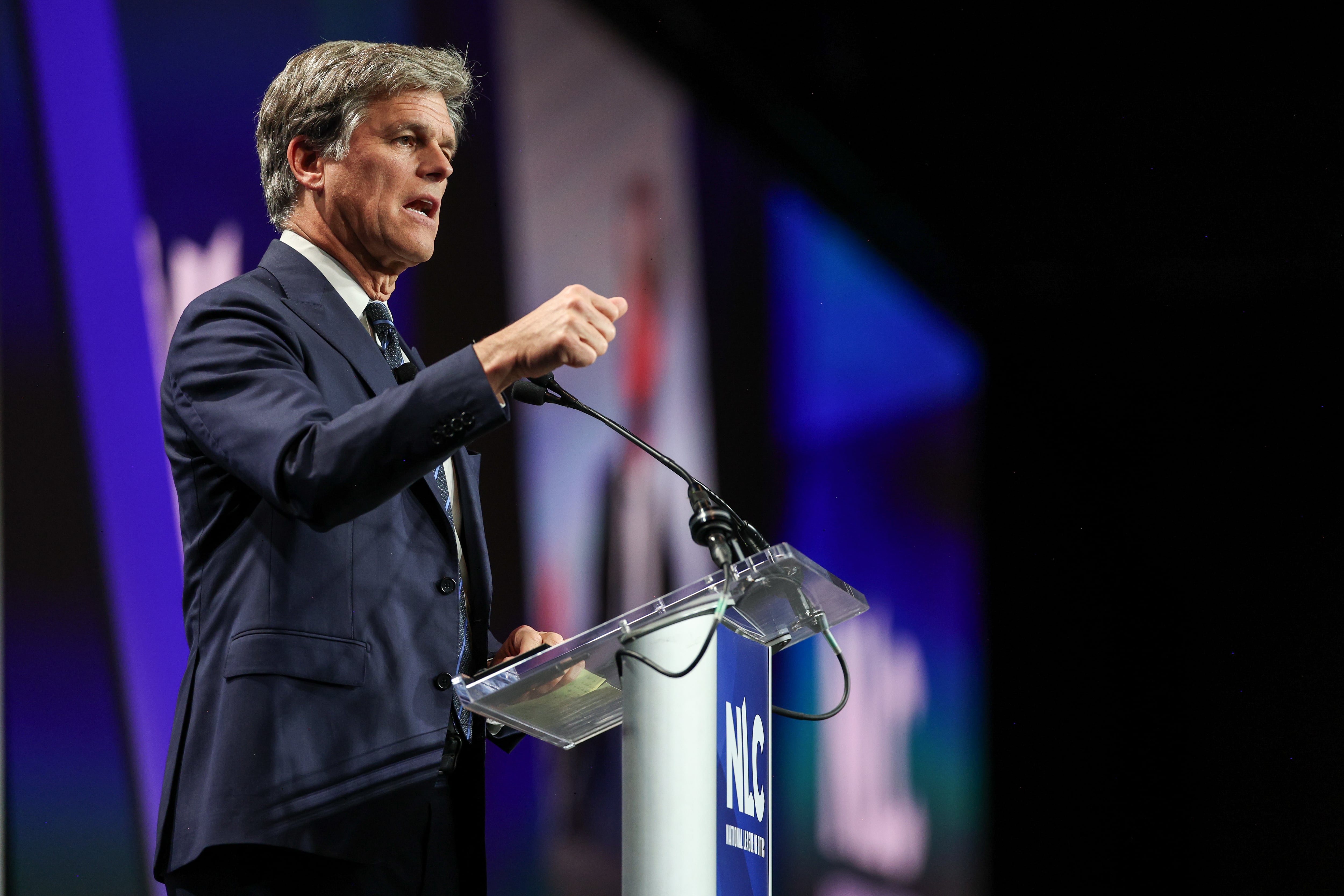 Tim Shriver, co-creator of the Dignity Index, delivers the keynote speech, Friday, at the National League of Cities’ 2025 City Summit in Salt Lake City. Shriver said the newest issue in politics is "how we treat each other."