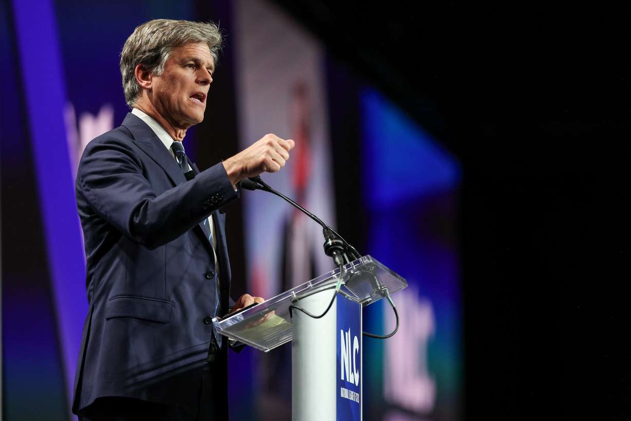 Tim Shriver, co-creator of the Dignity Index, delivers the keynote speech, Friday, at the National League of Cities’ 2025 City Summit in Salt Lake City. Shriver said the newest issue in politics is "how we treat each other."